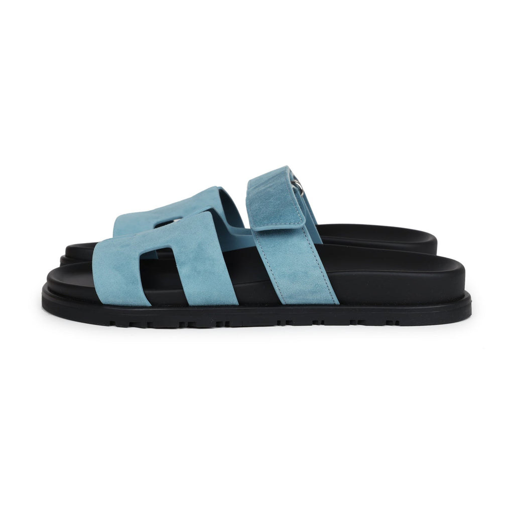 Hermes Chypre Techno Sandals Bleu Mineral Suede Palladium Hardware 37 EU