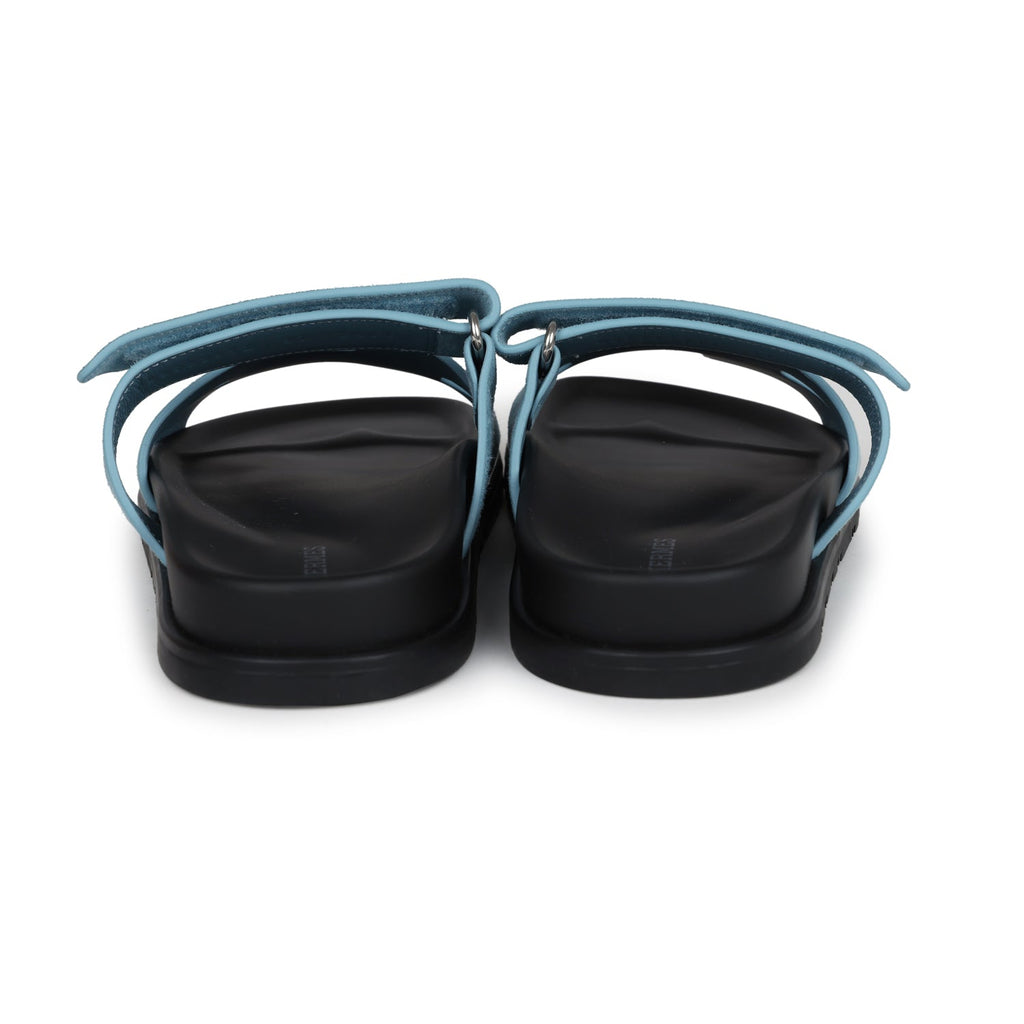 Hermes Chypre Techno Sandals Bleu Mineral Suede Palladium Hardware 37 EU