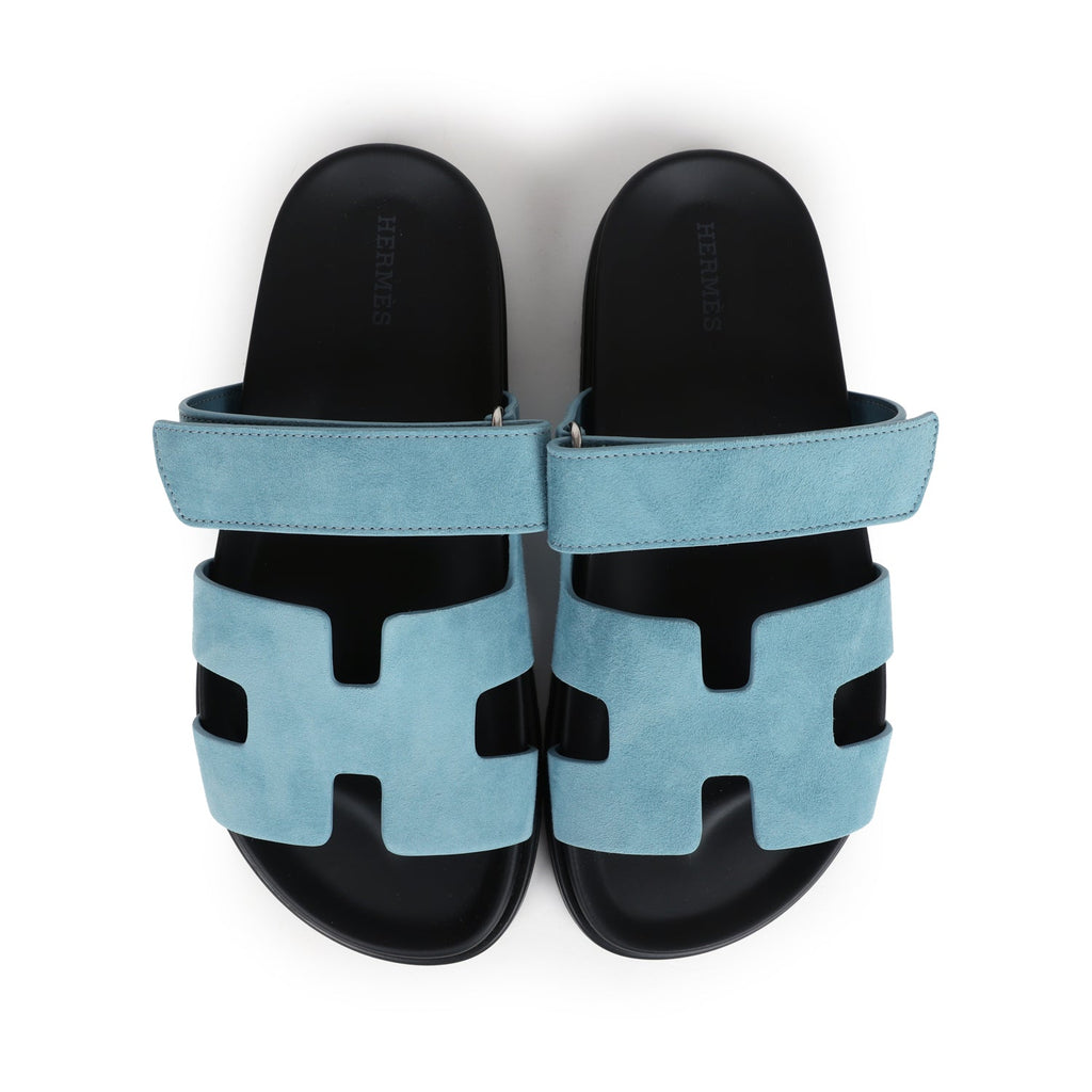 Hermes Chypre Techno Sandals Bleu Mineral Suede Palladium Hardware 37 EU