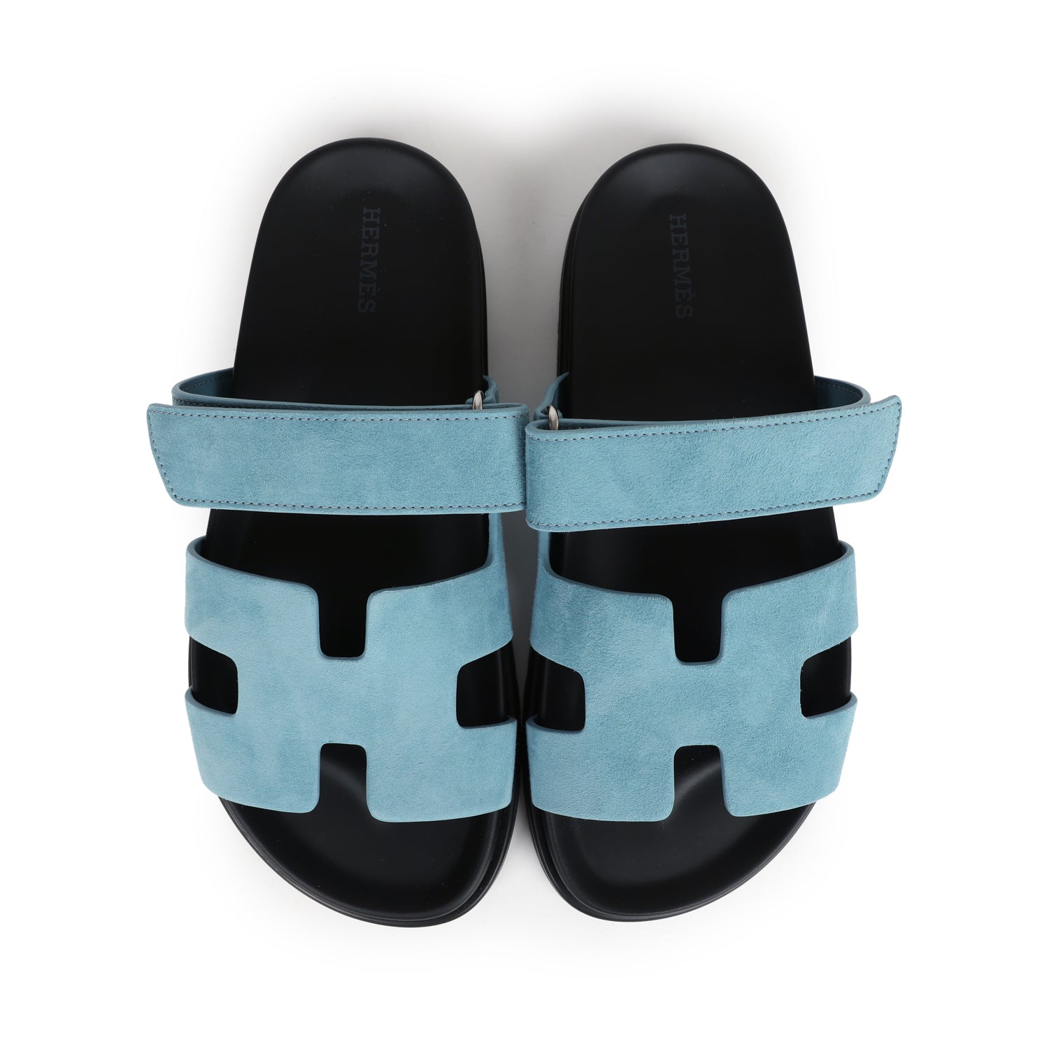 Hermes Chypre Techno Sandals Bleu Mineral Suede Palladium Hardware 37 EU