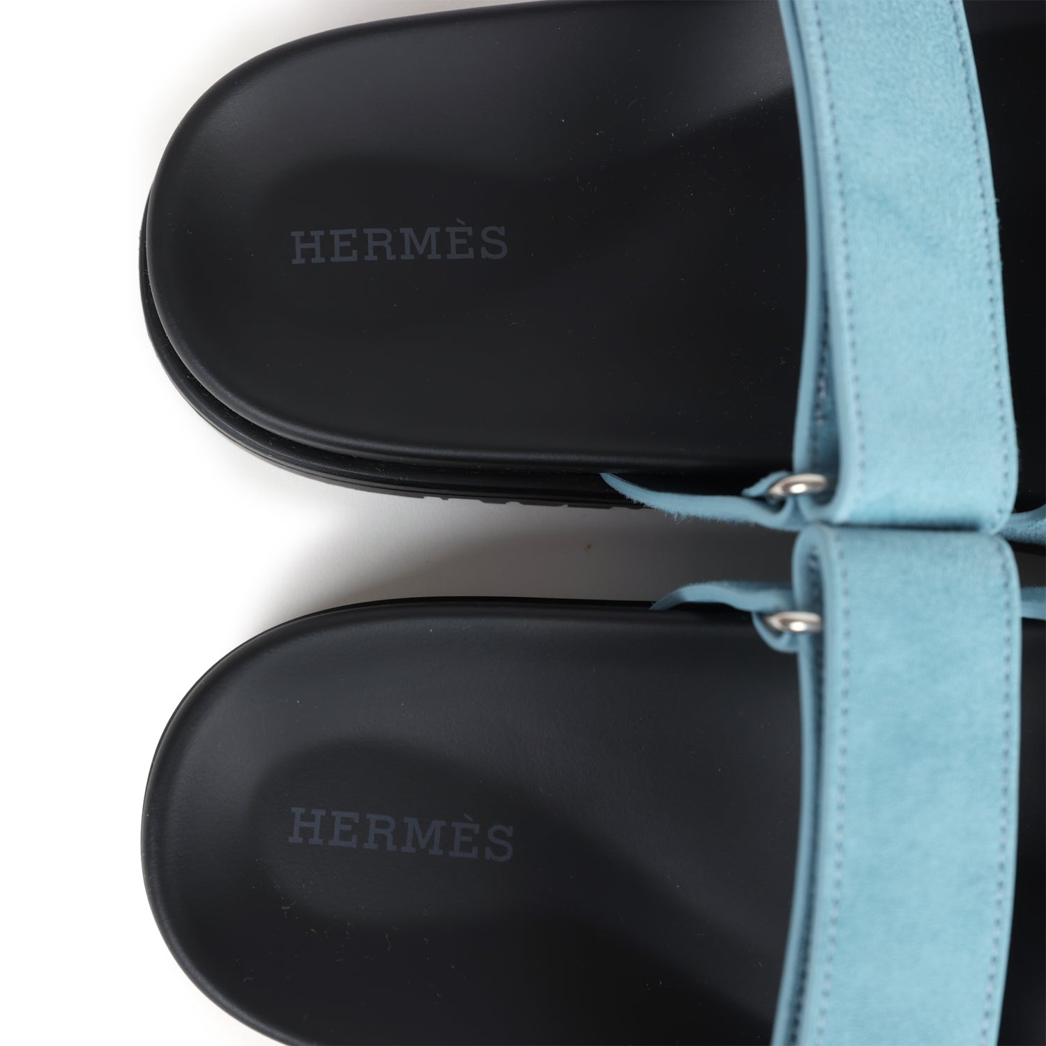 Hermes Chypre Techno Sandals Bleu Mineral Suede Palladium Hardware 37 EU