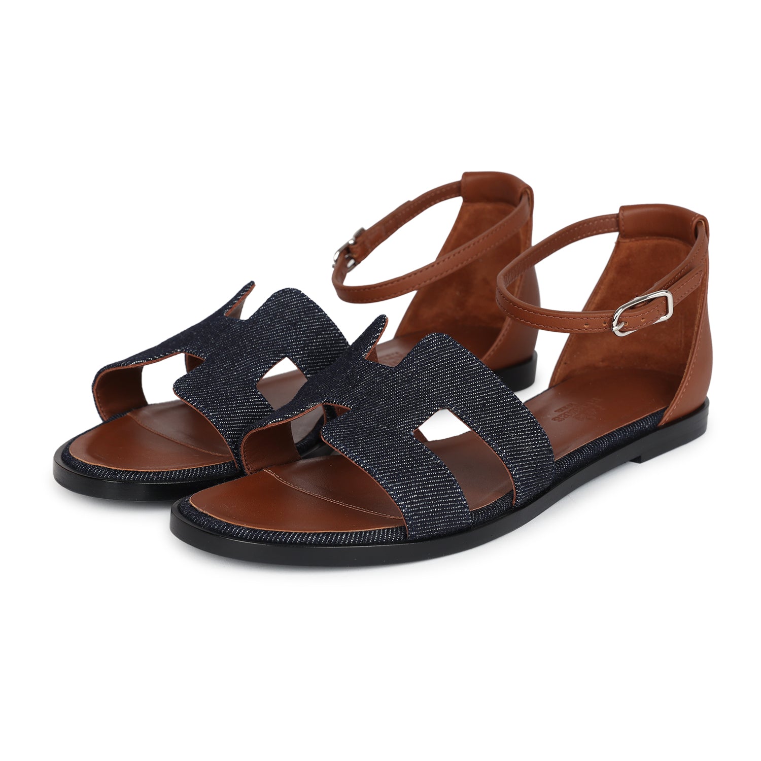 Hermes Santorini Sandals Bleu Brut Denim Palladium Hardware 37 EU