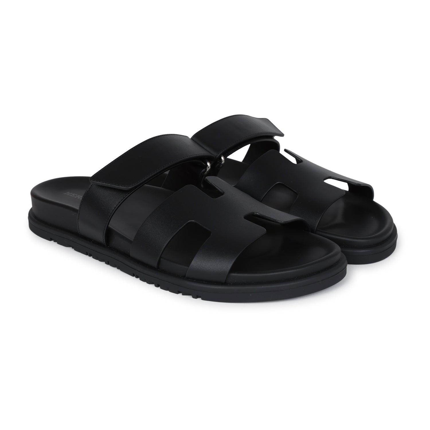 Hermes Chypre Techno Sandals Black Calfskin Palladium Hardware 38 EU