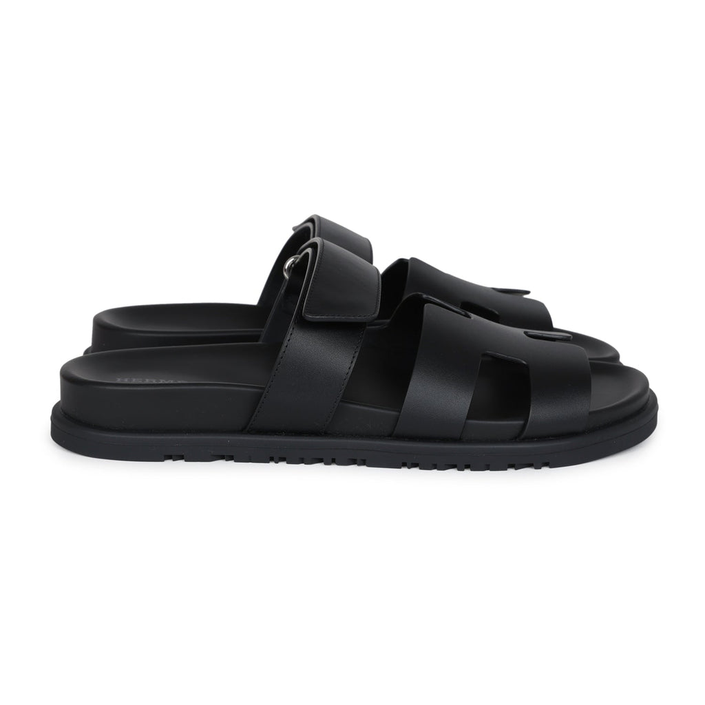 Hermes Chypre Techno Sandals Black Calfskin Palladium Hardware 38 EU