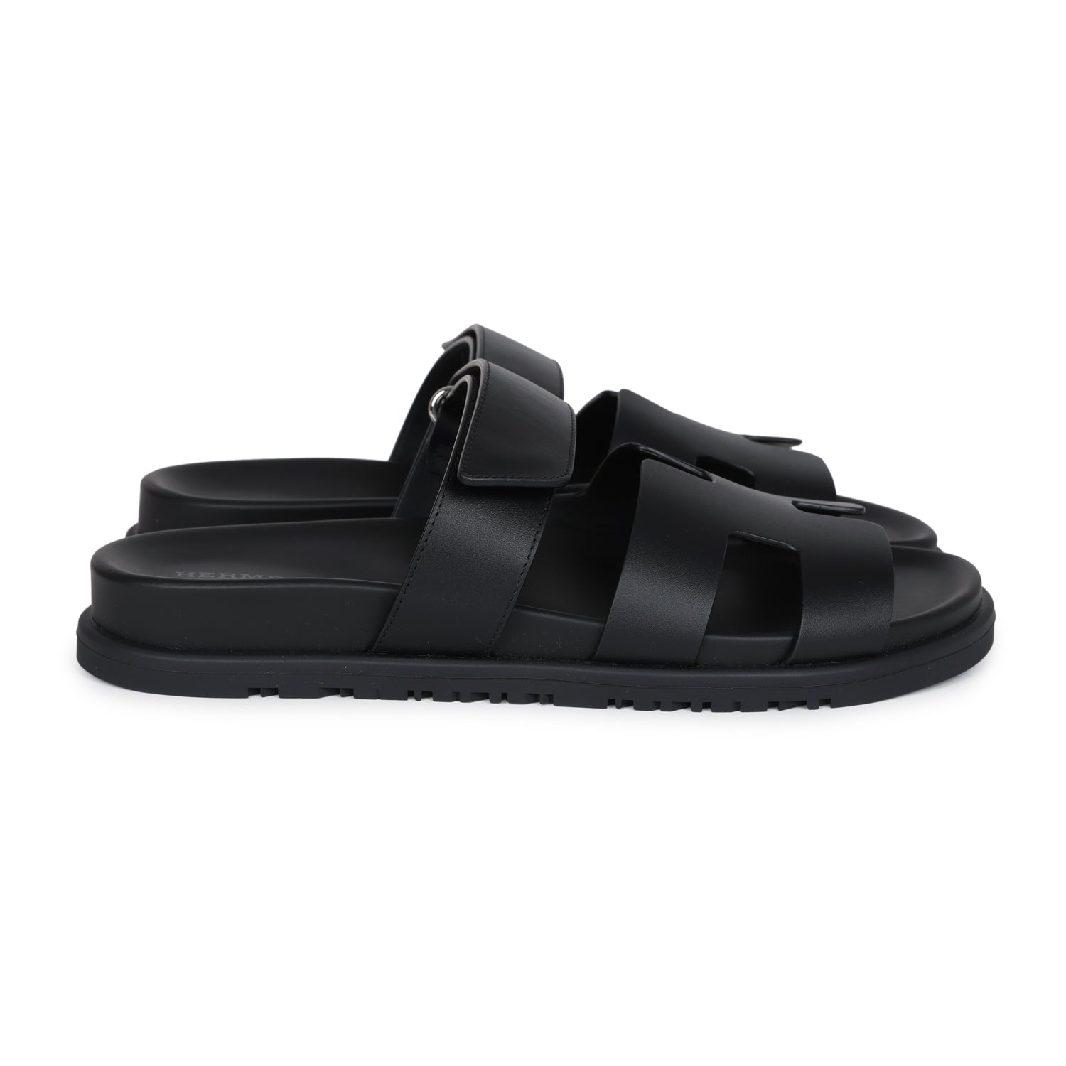 Hermes Chypre Techno Sandals Black Calfskin Palladium Hardware 38 EU