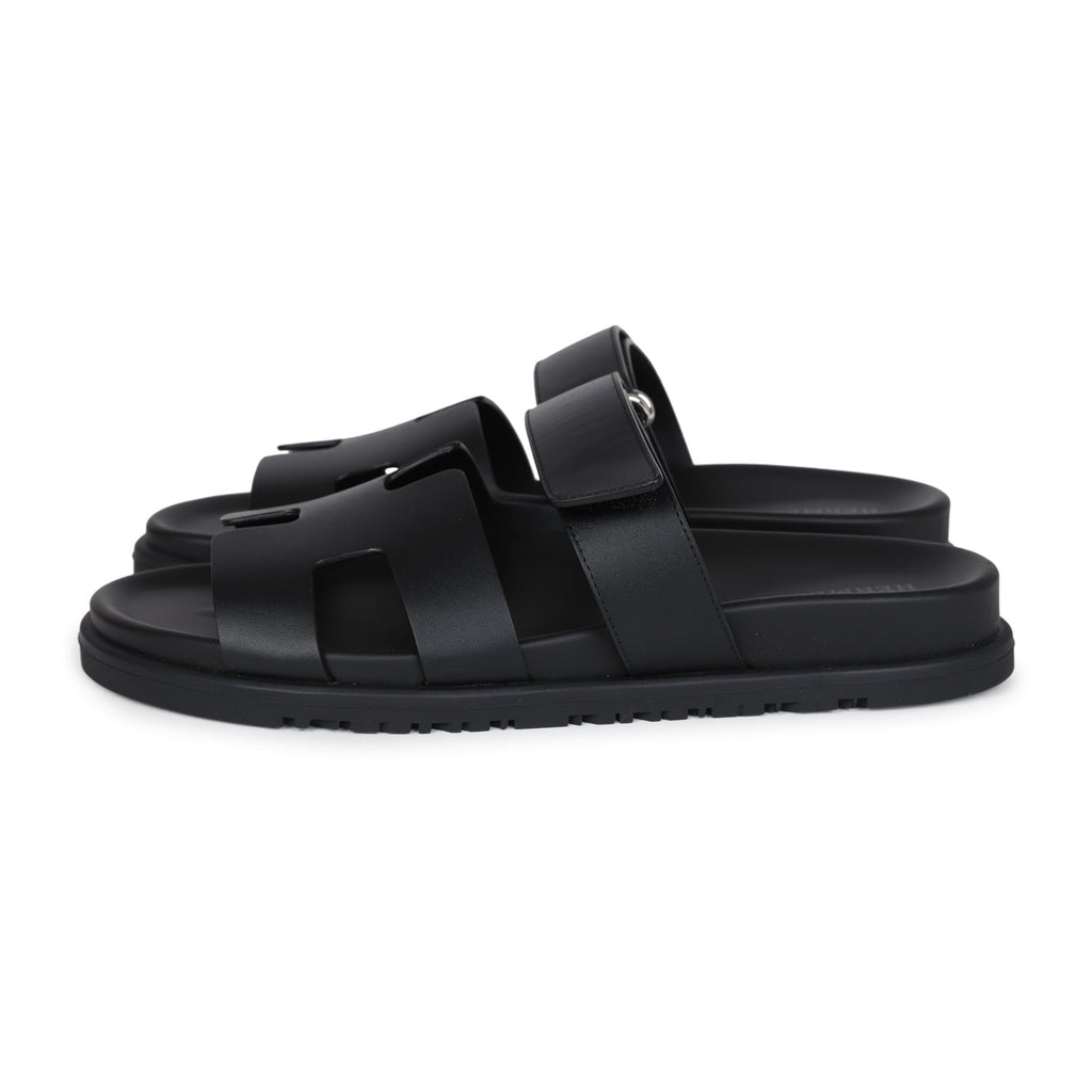 Hermes Chypre Techno Sandals Black Calfskin Palladium Hardware 38 EU