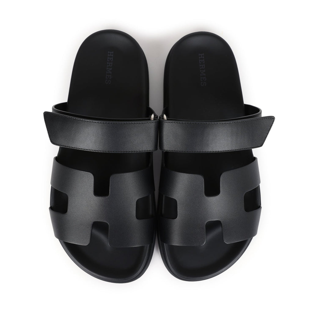Hermes Chypre Techno Sandals Black Calfskin Palladium Hardware 38 EU