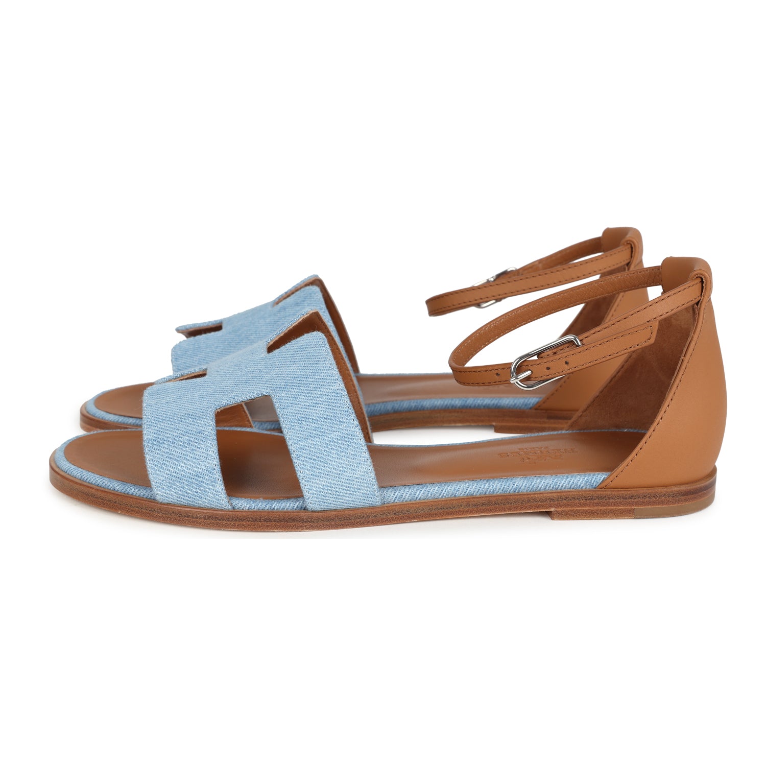 Hermes Santorini Sandals Bleu Clair and Naturel Denim Palladium Hardware 38 EU