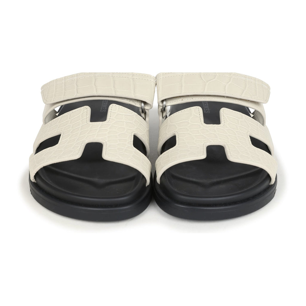 Hermes Chypre Techno Sandals Beige Glaise Matte Alligator Palladium Hardware 37 EU