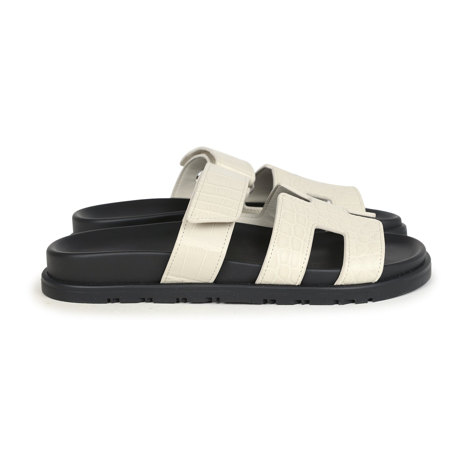 Hermes Chypre Techno Sandals Beige Glaise Matte Alligator Palladium Hardware 37 EU