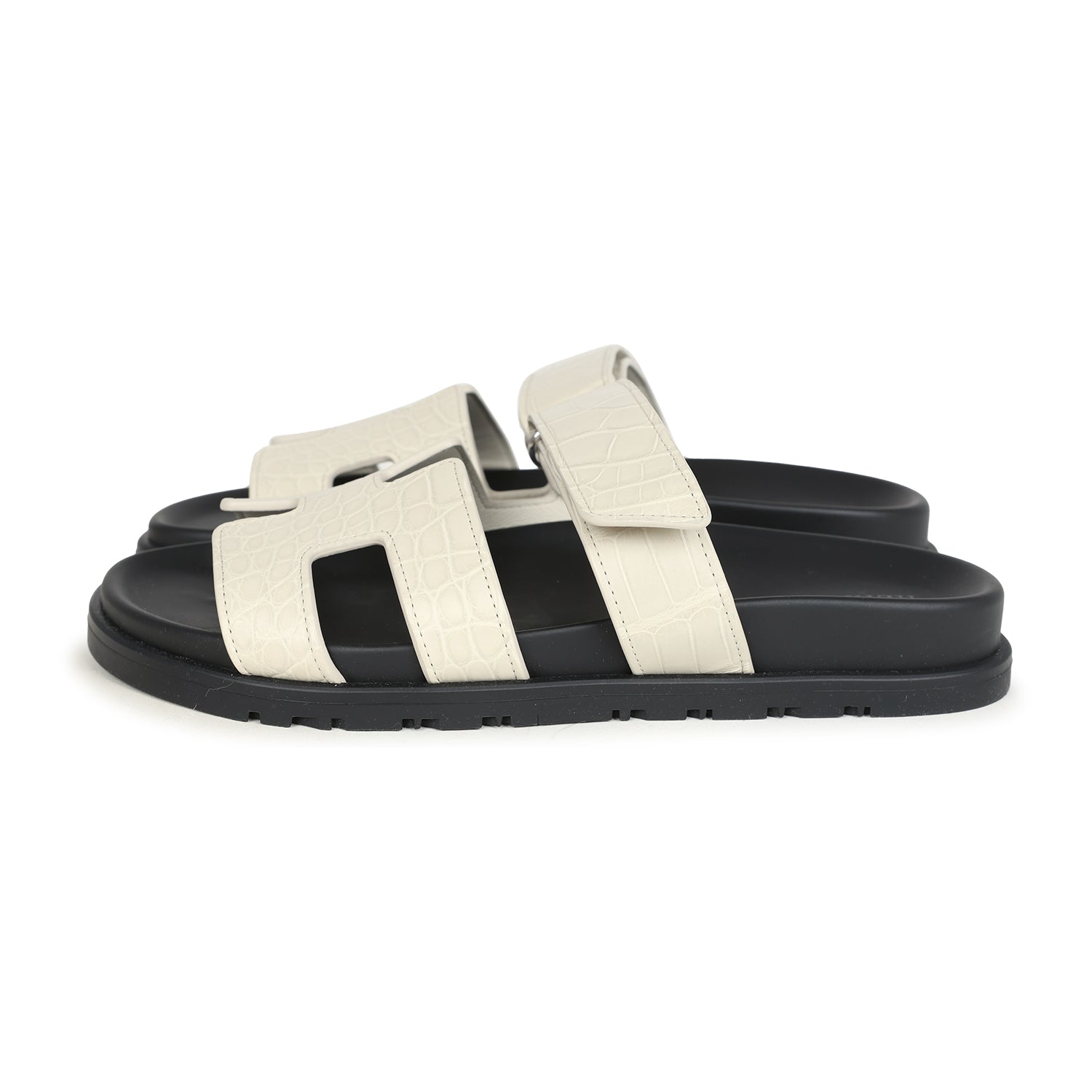 Hermes Chypre Techno Sandals Beige Glaise Matte Alligator Palladium Hardware 37 EU