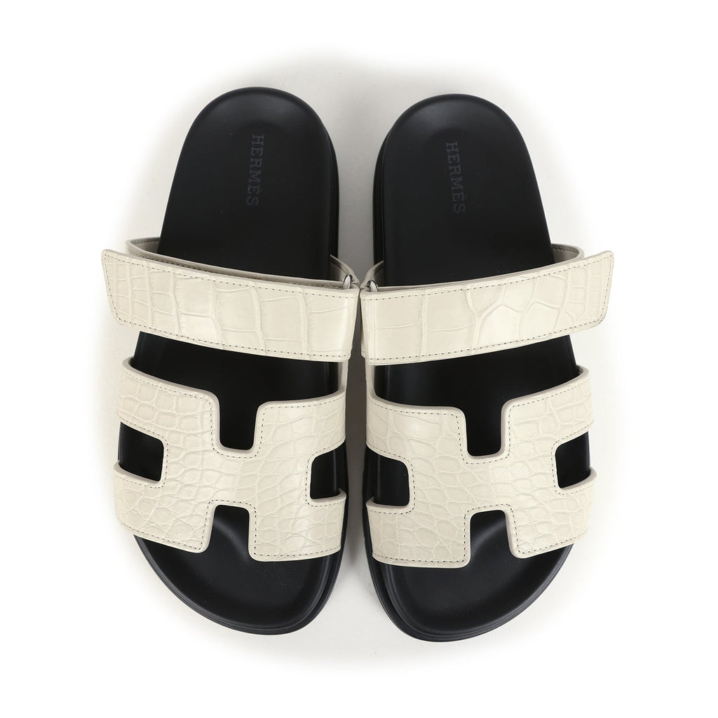Hermes Chypre Techno Sandals Beige Glaise Matte Alligator Palladium Hardware 37 EU