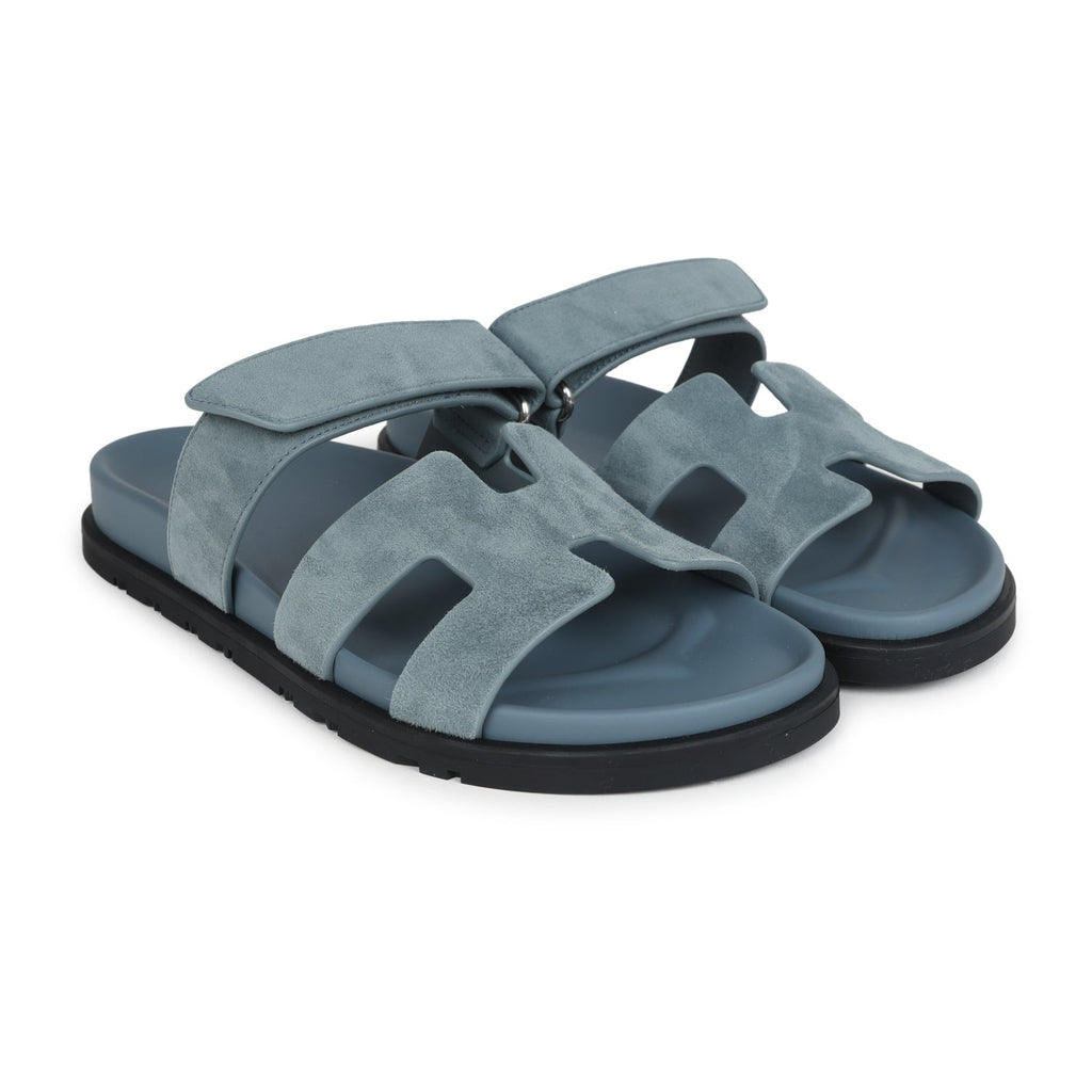 Hermes Chypre Techno Sandals Bleu Tonnerre Suede Palladium Hardware 37 EU