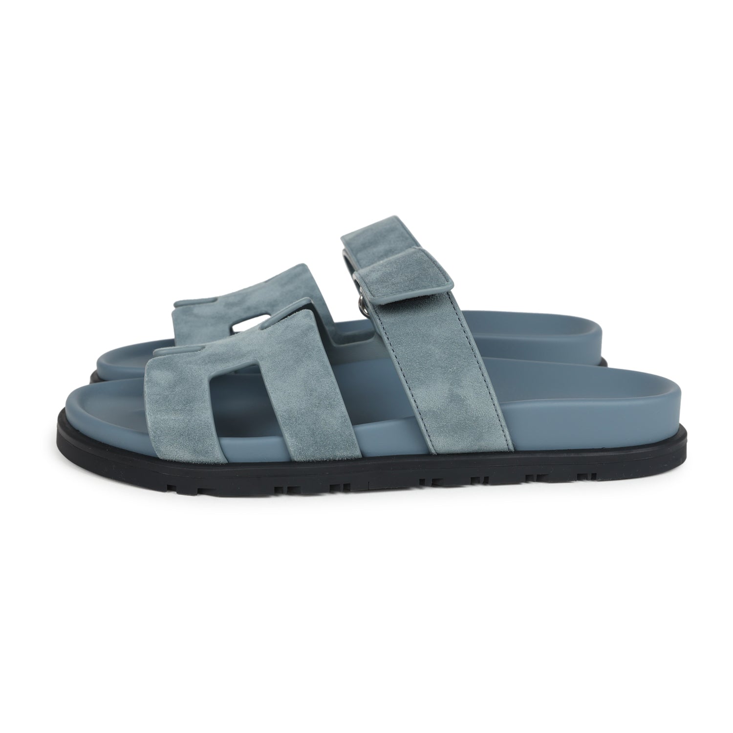Hermes Chypre Techno Sandals Bleu Tonnerre Suede Palladium Hardware 37 EU