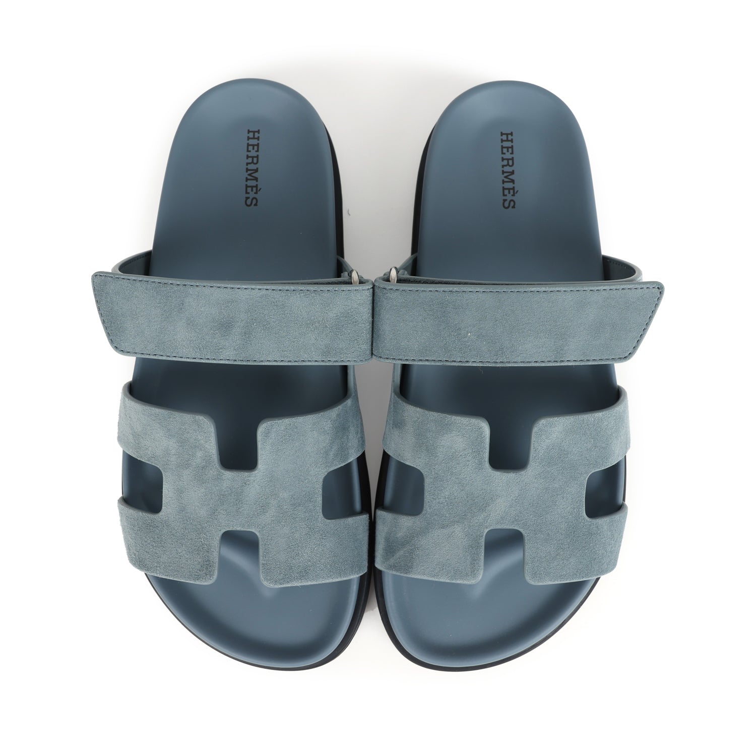 Hermes Chypre Techno Sandals Bleu Tonnerre Suede Palladium Hardware 37 EU