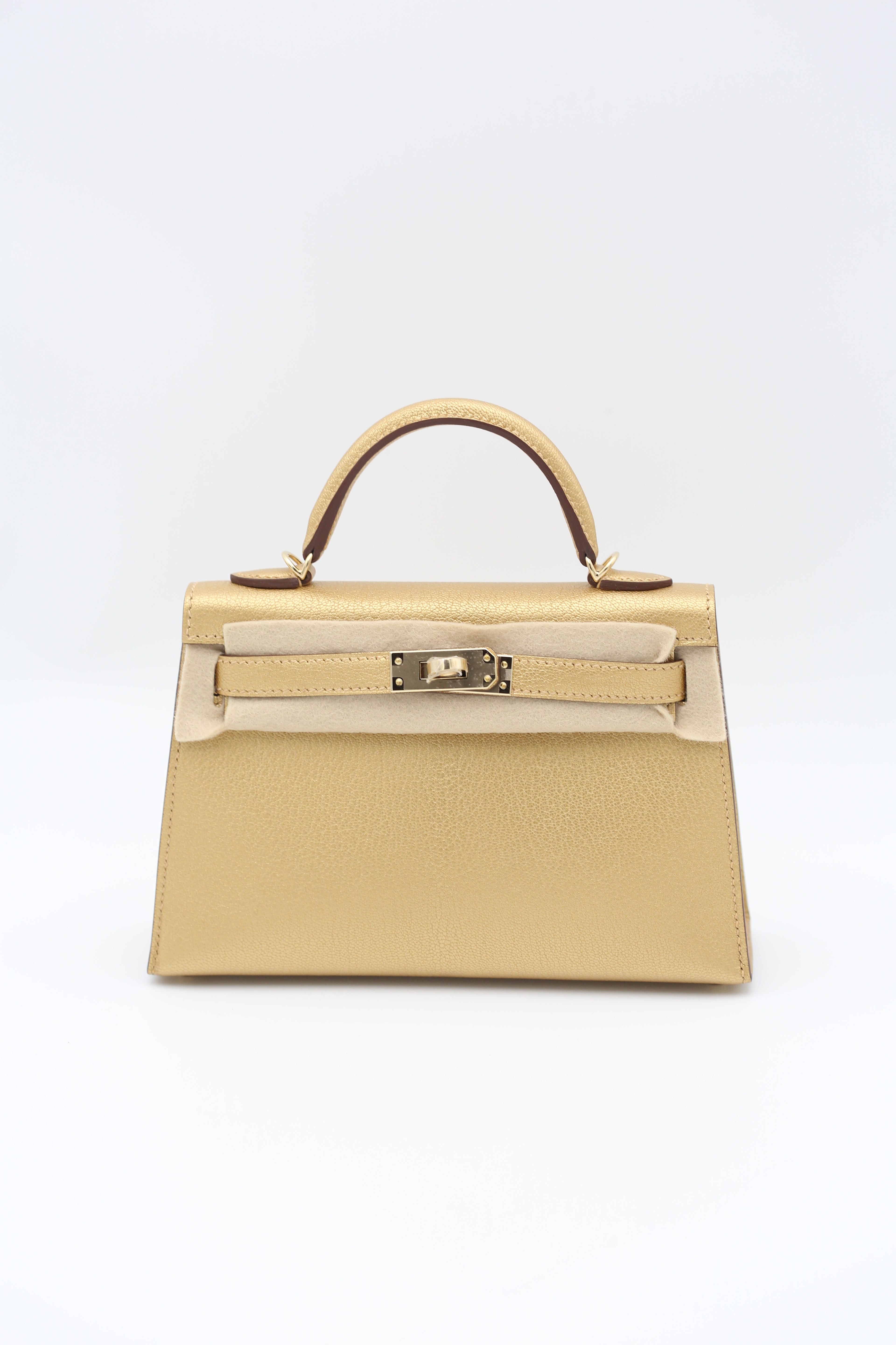 HERMÈS Mini Kelly 20 Chevre Metallic Gold with PBHW