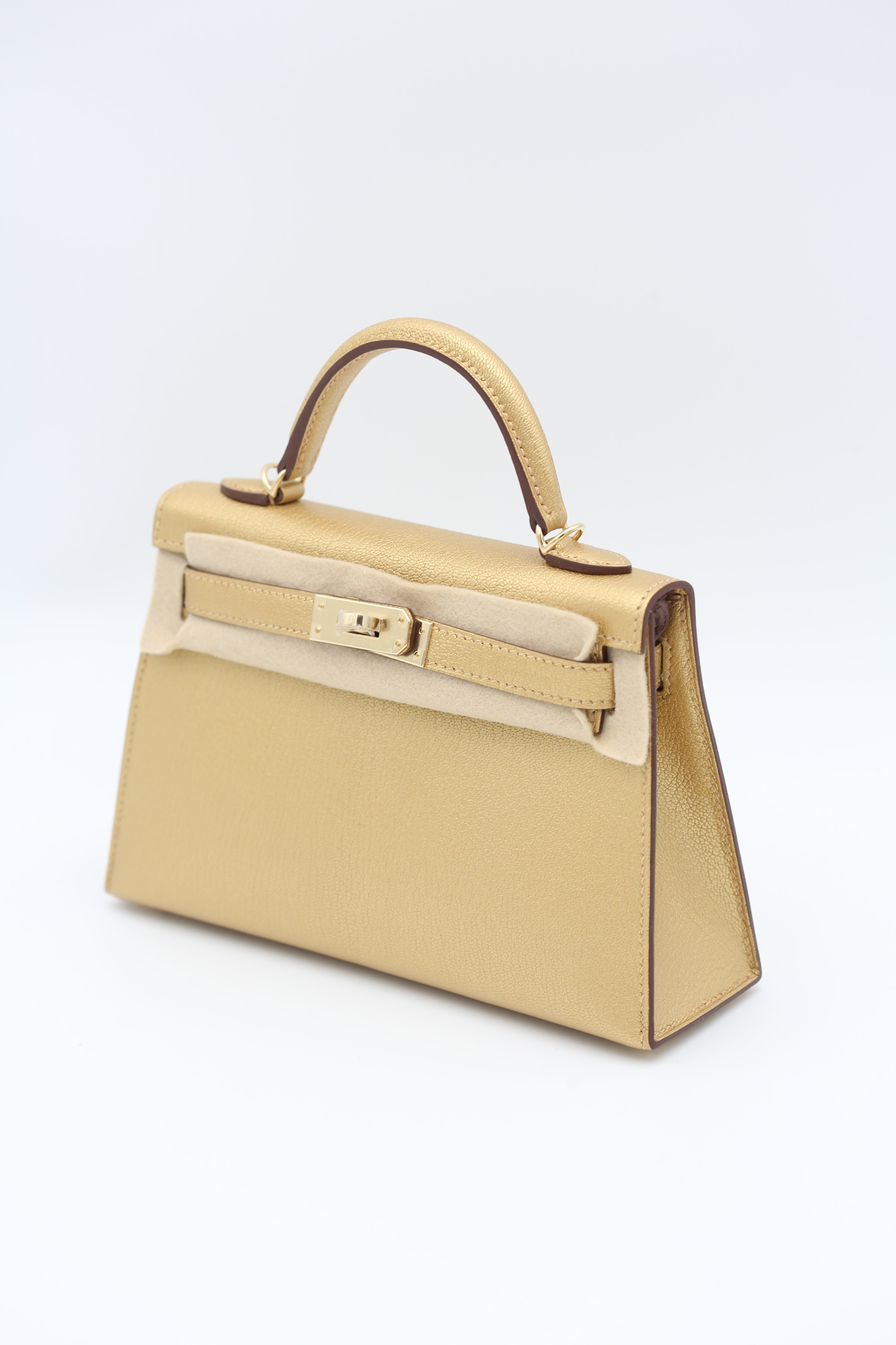 HERMÈS Mini Kelly 20 Chevre Metallic Gold with PBHW