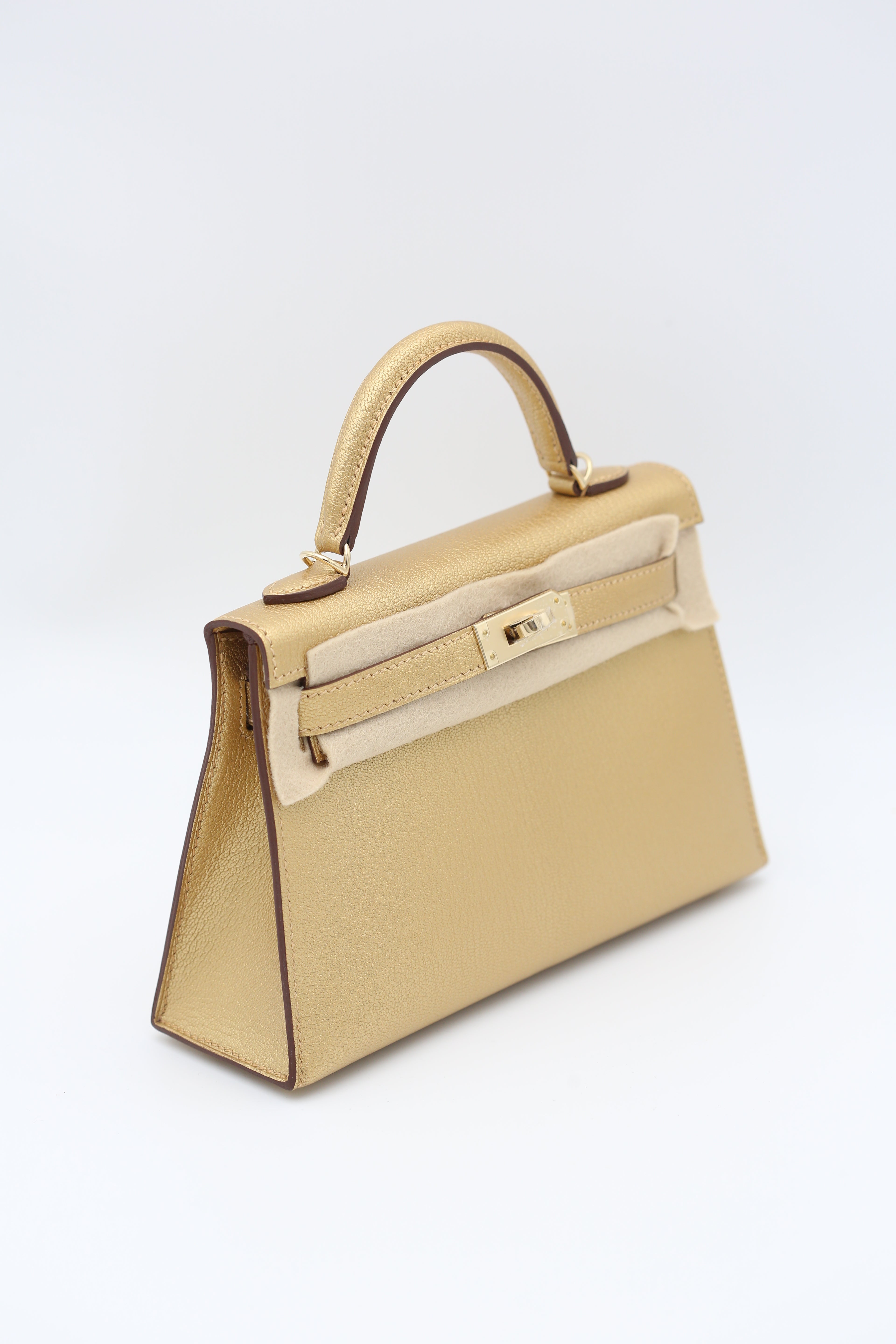 HERMÈS Mini Kelly 20 Chevre Metallic Gold with PBHW