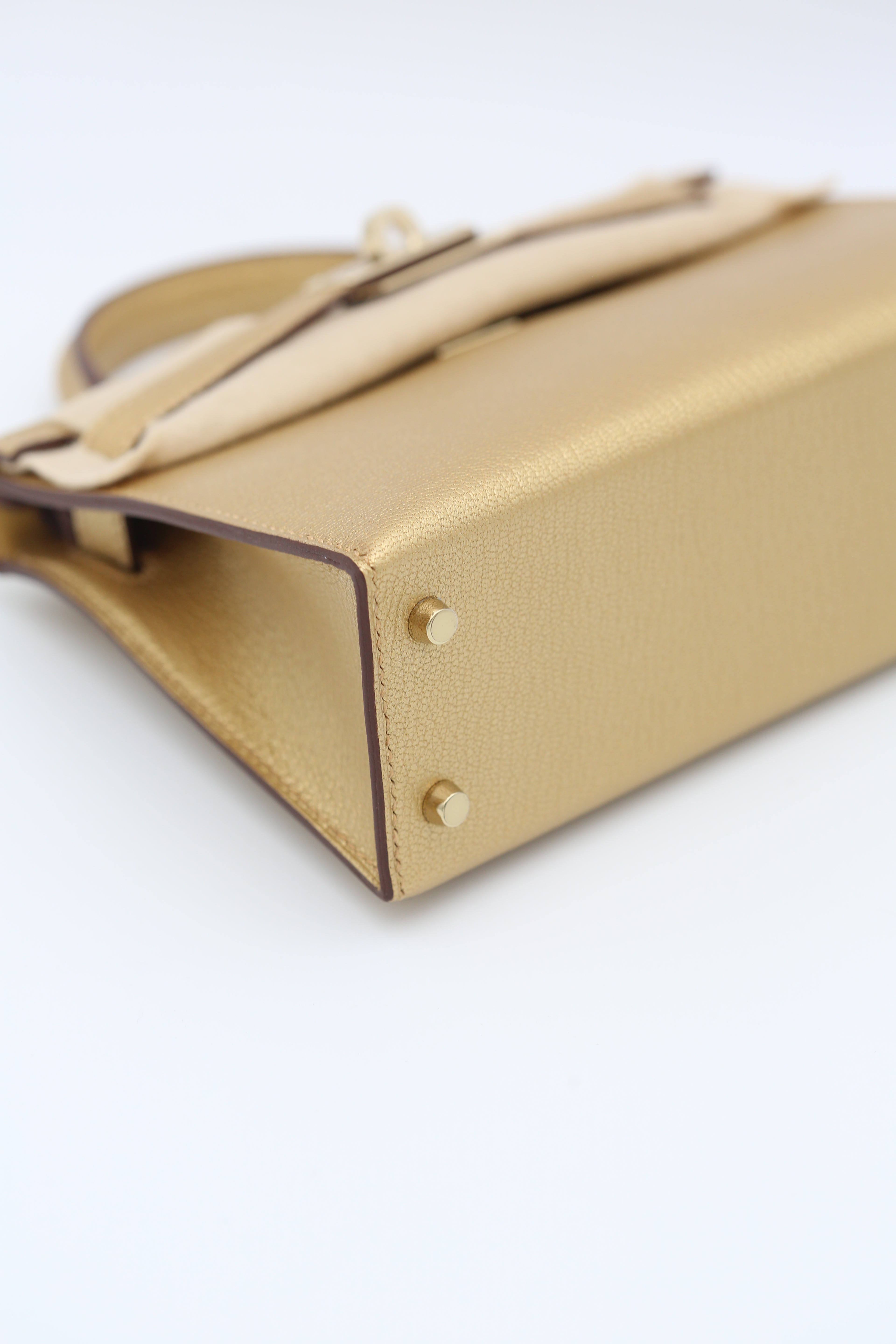 HERMÈS Mini Kelly 20 Chevre Metallic Gold with PBHW