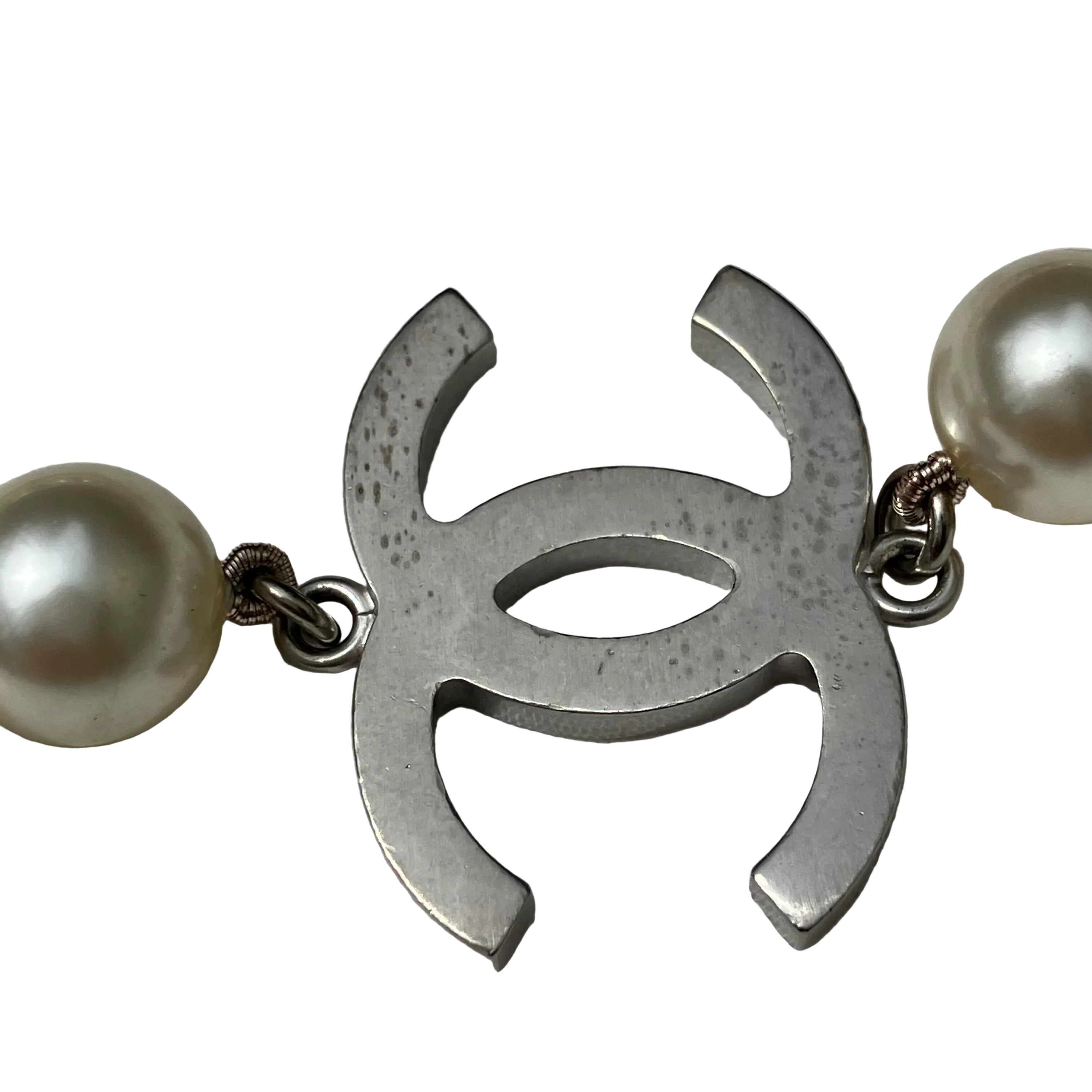 Chanel Chain Necklace Silver Costume Pearl B16S