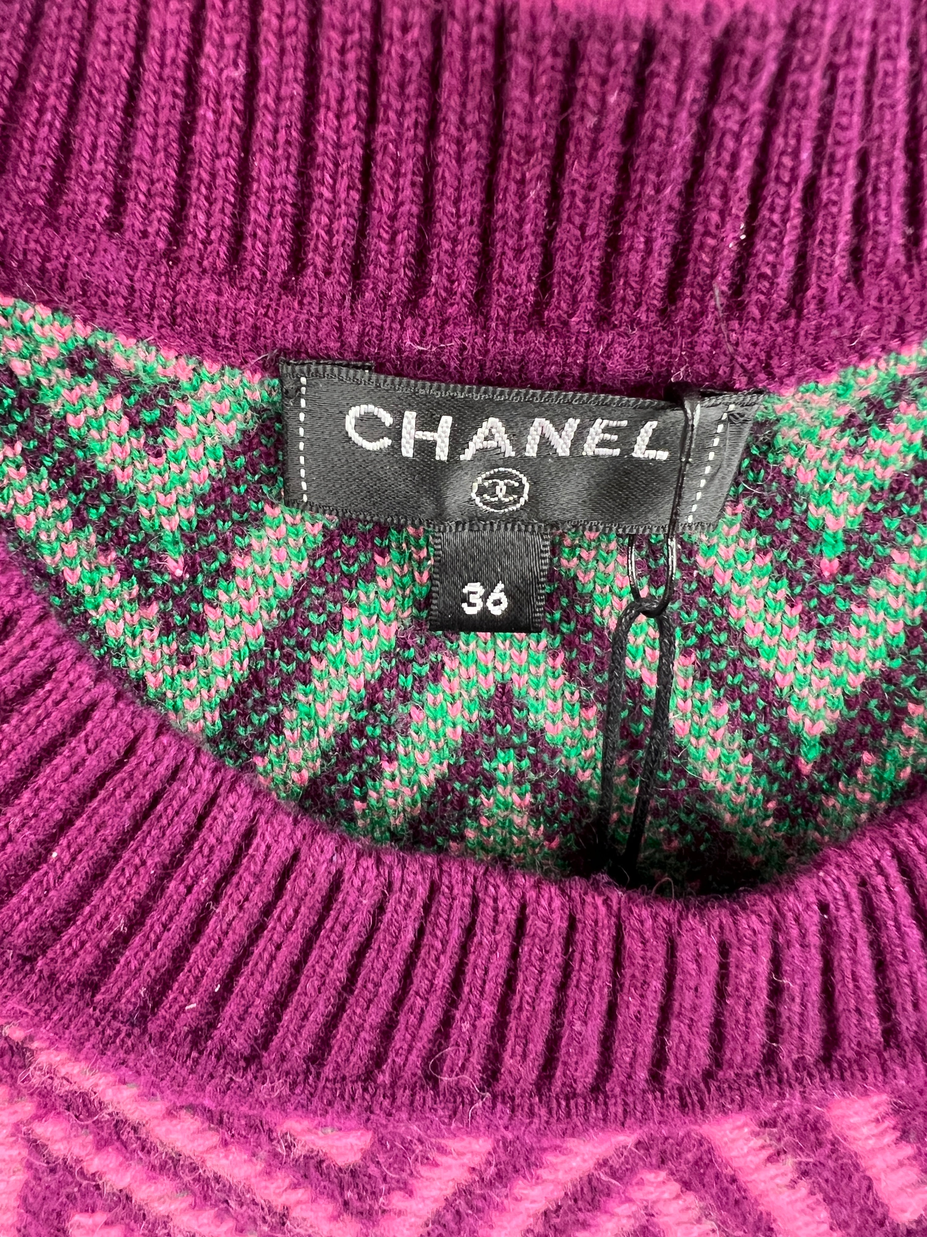 Chanel FW/21 Purple, Green Zig Zag Cashmere Dress with CC Logo Size FR 36 (UK 8)