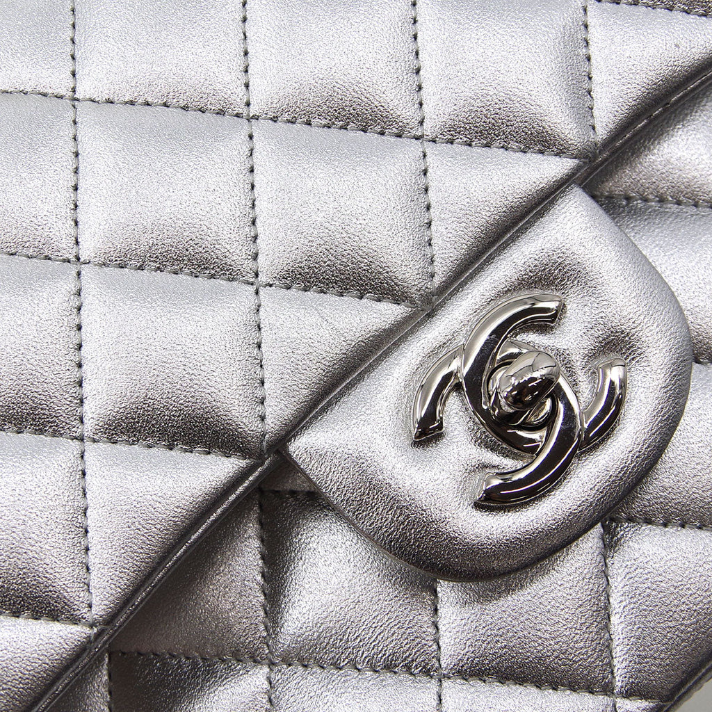 Chanel * 2010-2011 Silver Lambskin Medium Classic Double Flap Shoulder Bag
