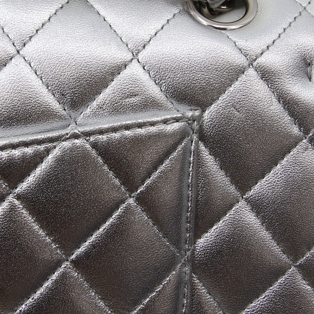 Chanel * 2010-2011 Silver Lambskin Medium Classic Double Flap Shoulder Bag