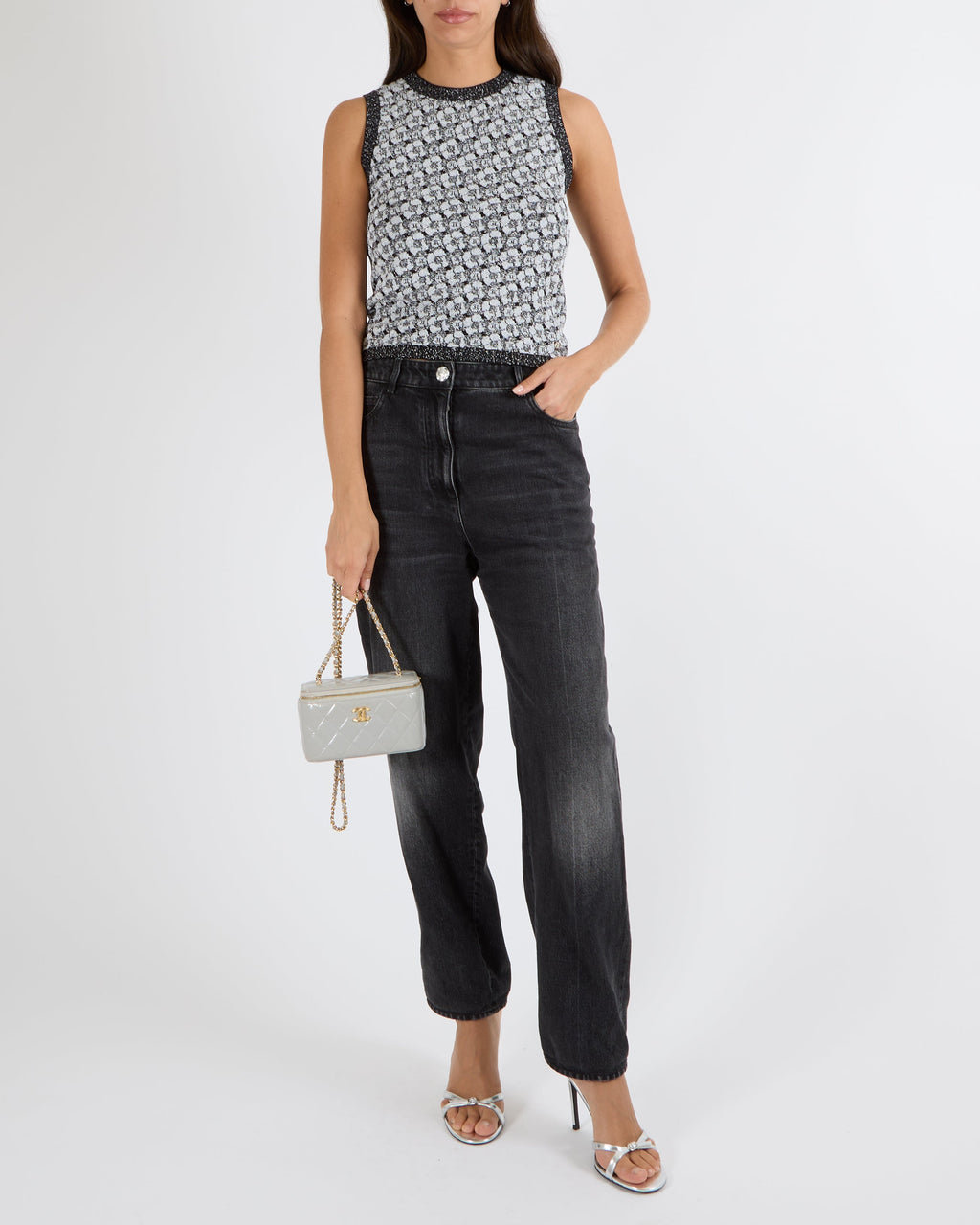 Chanel Fall 2023 Silver and Black Sleeveless Camellia Top with CC Logos Size FR 36 (UK 8)