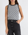 Chanel Fall 2023 Silver and Black Sleeveless Camellia Top with CC Logos Size FR 36 (UK 8)