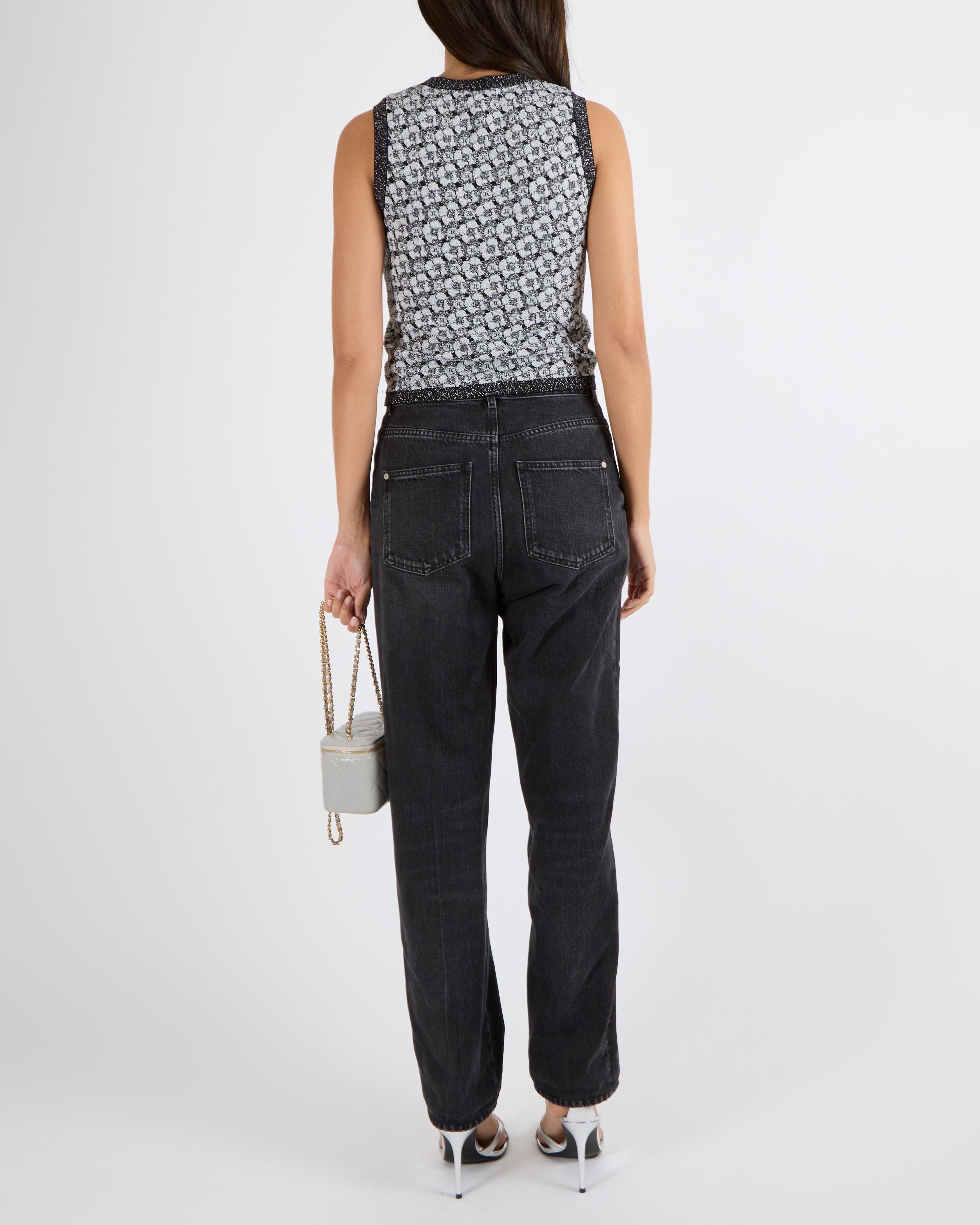 Chanel Fall 2023 Silver and Black Sleeveless Camellia Top with CC Logos Size FR 36 (UK 8)