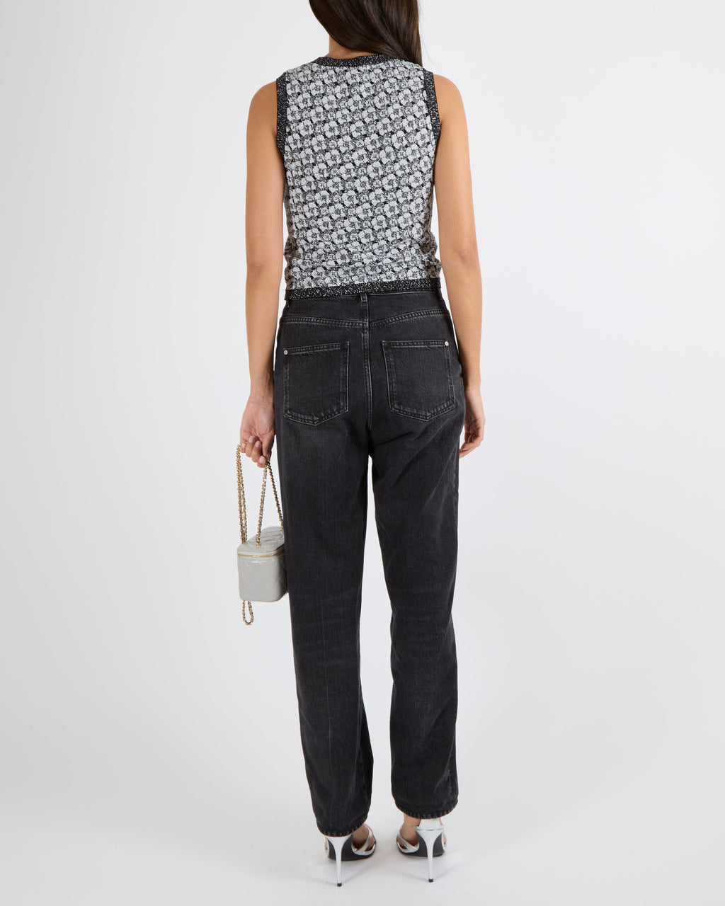 Chanel Dark Grey Straight-Leg Jeans with Silver Textured Camellia Button and CC Logo Details Size FR 38 (UK 10)