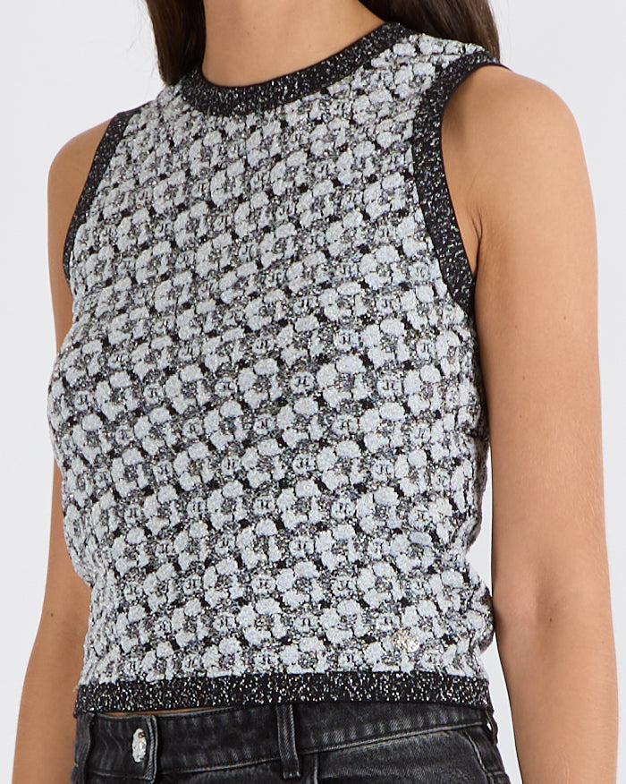 Chanel Fall 2023 Silver and Black Sleeveless Camellia Top with CC Logos Size FR 36 (UK 8)