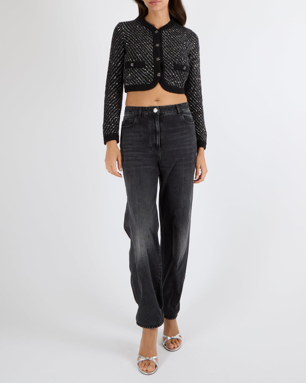 Chanel Dark Grey Straight-Leg Jeans with Silver Textured Camellia Button and CC Logo Details Size FR 38 (UK 10)