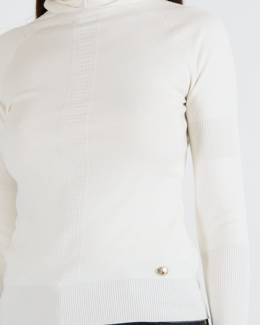 Chanel Cream Wool Hooded Jumper with Logo Embroideries and Silver CC Logo Button Detail Size FR 36 (UK 8)