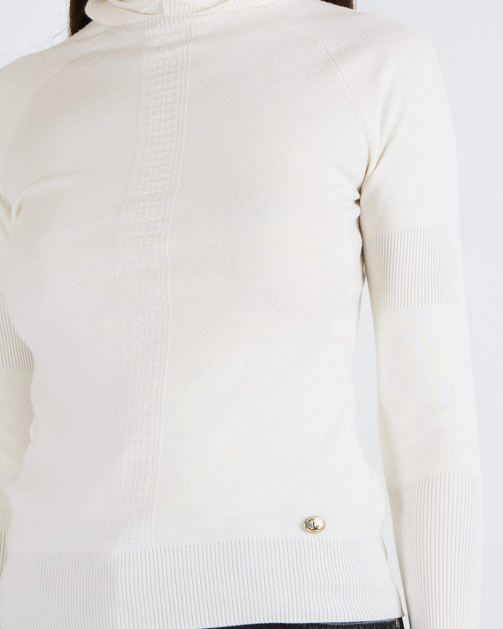 Chanel Cream Wool Hooded Jumper with Logo Embroideries and Silver CC Logo Button Detail Size FR 36 (UK 8)