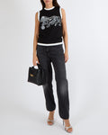 Chanel Cruise 2022 Black Sleeveless Top with White Painted Trims and Lion Print with Back Logo Buttons Detail Size FR 34 (UK 6)