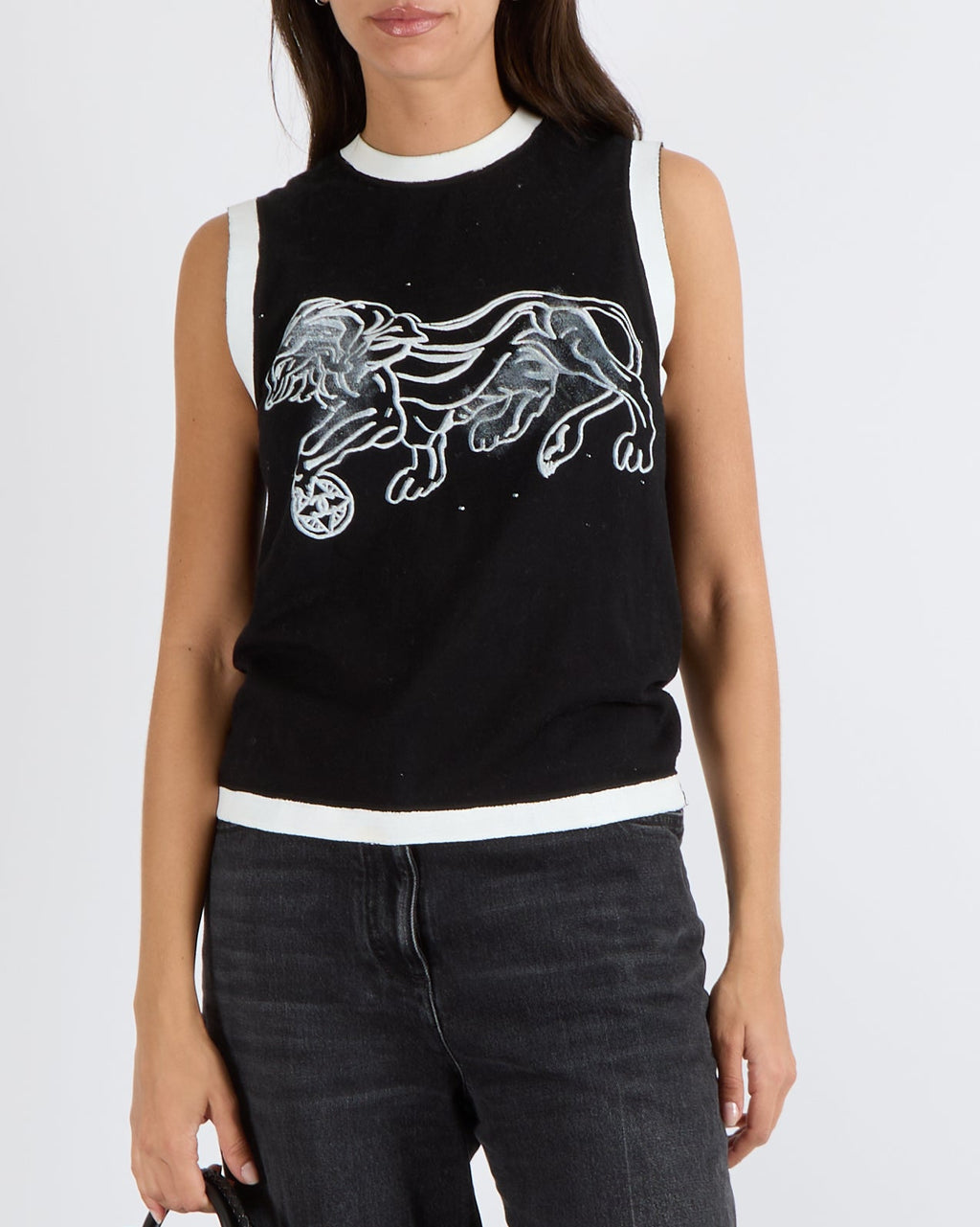 Chanel Cruise 2022 Black Sleeveless Top with White Painted Trims and Lion Print with Back Logo Buttons Detail Size FR 34 (UK 6)
