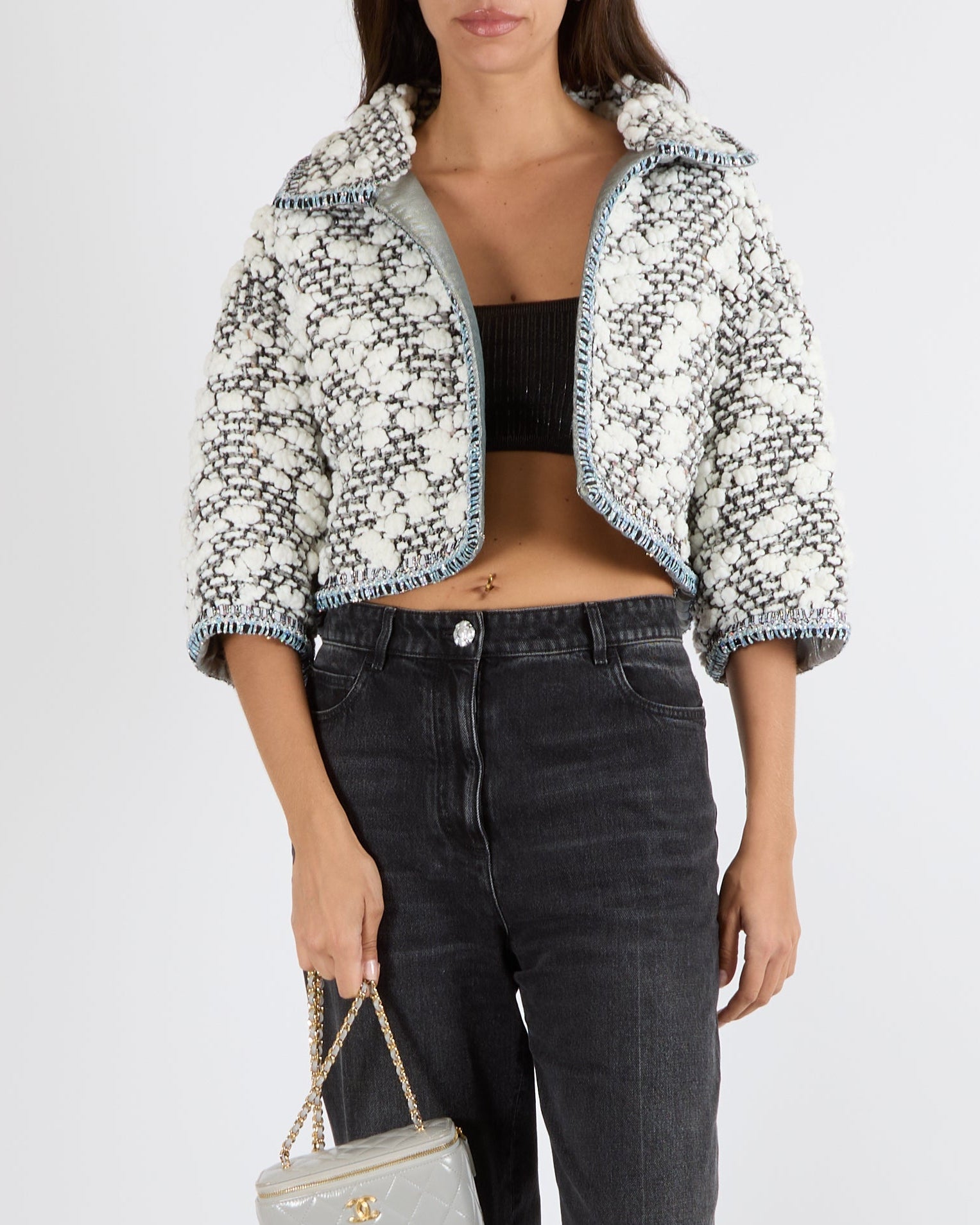 Chanel FW/2014 Grey and White Tweed 3D Cloud Fantasy Cropped Jacket with Silver Holographic Trims and Silver CC Logo Detail Size FR 36 (UK 8)