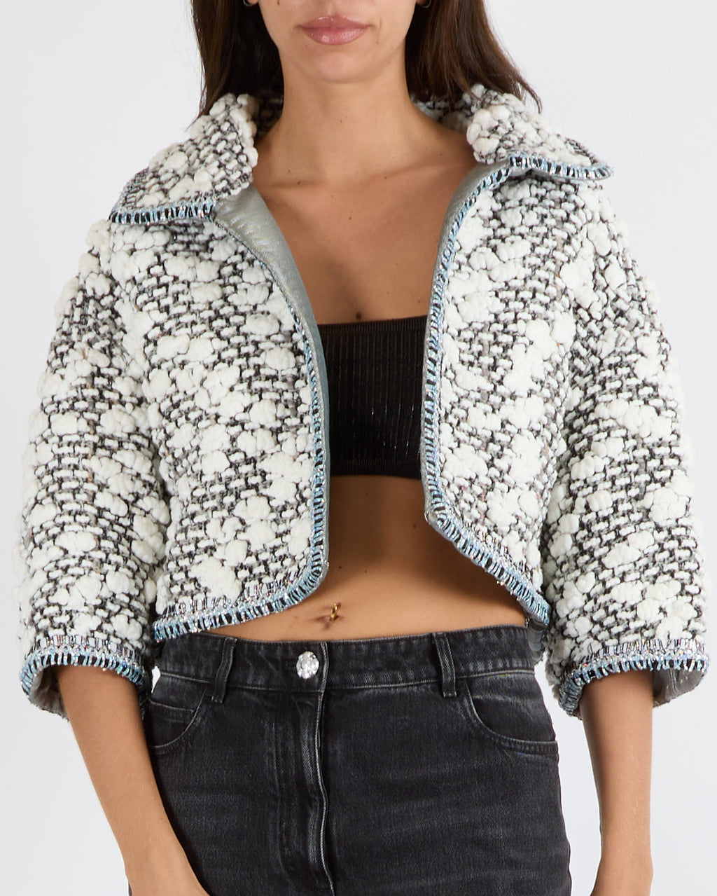 Chanel FW/2014 Grey and White Tweed 3D Cloud Fantasy Cropped Jacket with Silver Holographic Trims and Silver CC Logo Detail Size FR 36 (UK 8)