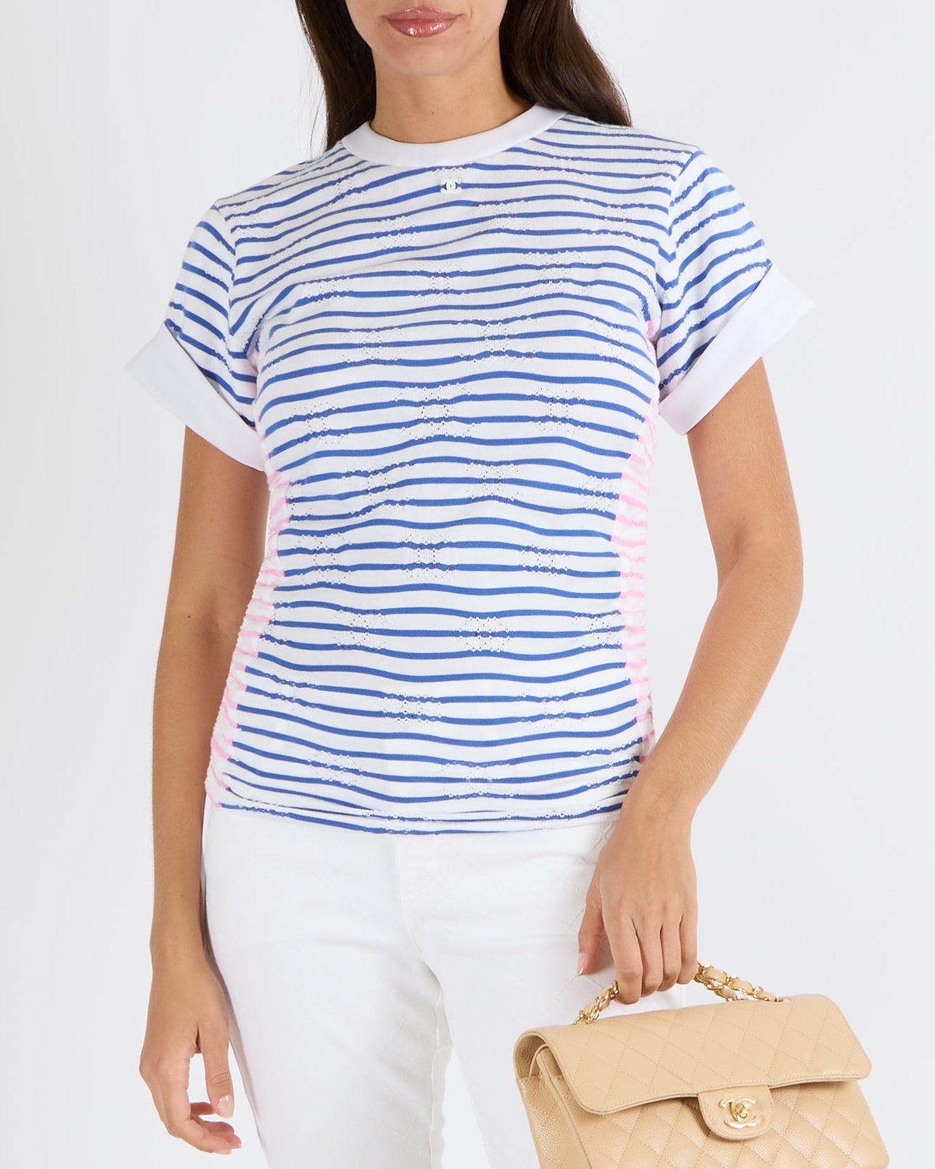 Chanel Blue, White and Pink Striped T-Shirt with Ruched Sides and Perforated CC Logos with White CC Logo Detail Size FR 36 (UK 8)