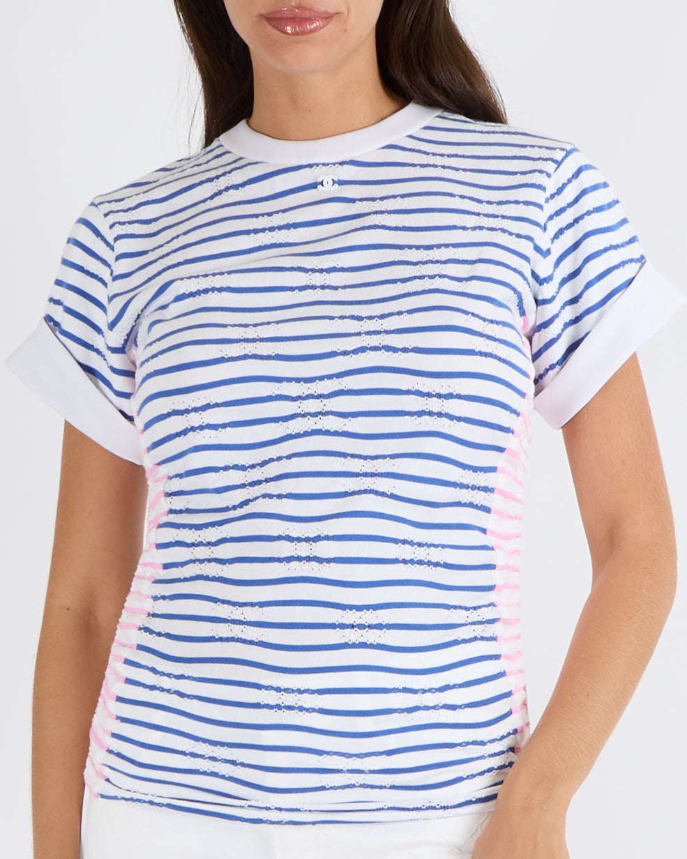 Chanel Blue, White and Pink Striped T-Shirt with Ruched Sides and Perforated CC Logos with White CC Logo Detail Size FR 36 (UK 8)