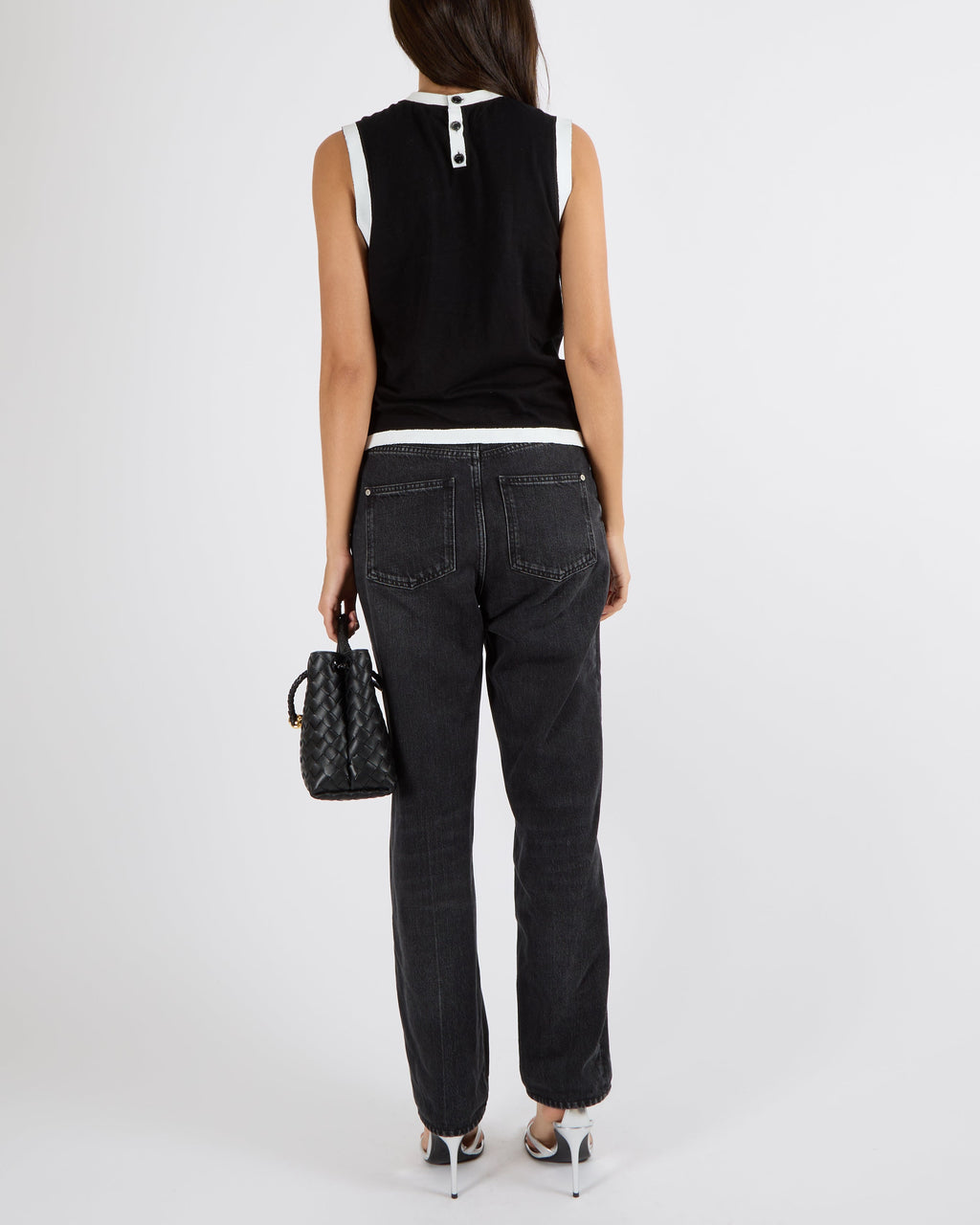 Chanel Cruise 2022 Black Sleeveless Top with White Painted Trims and Lion Print with Back Logo Buttons Detail Size FR 34 (UK 6)