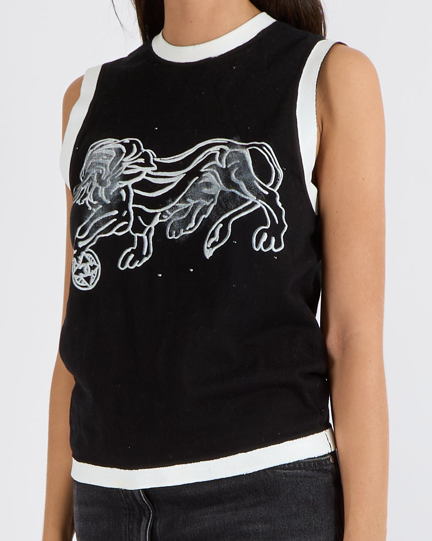Chanel Cruise 2022 Black Sleeveless Top with White Painted Trims and Lion Print with Back Logo Buttons Detail Size FR 34 (UK 6)