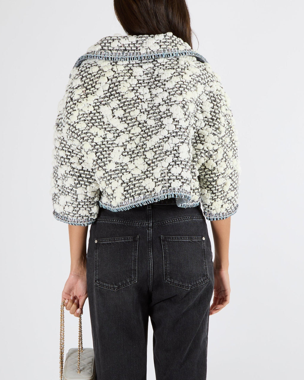 Chanel FW/2014 Grey and White Tweed 3D Cloud Fantasy Cropped Jacket with Silver Holographic Trims and Silver CC Logo Detail Size FR 36 (UK 8)