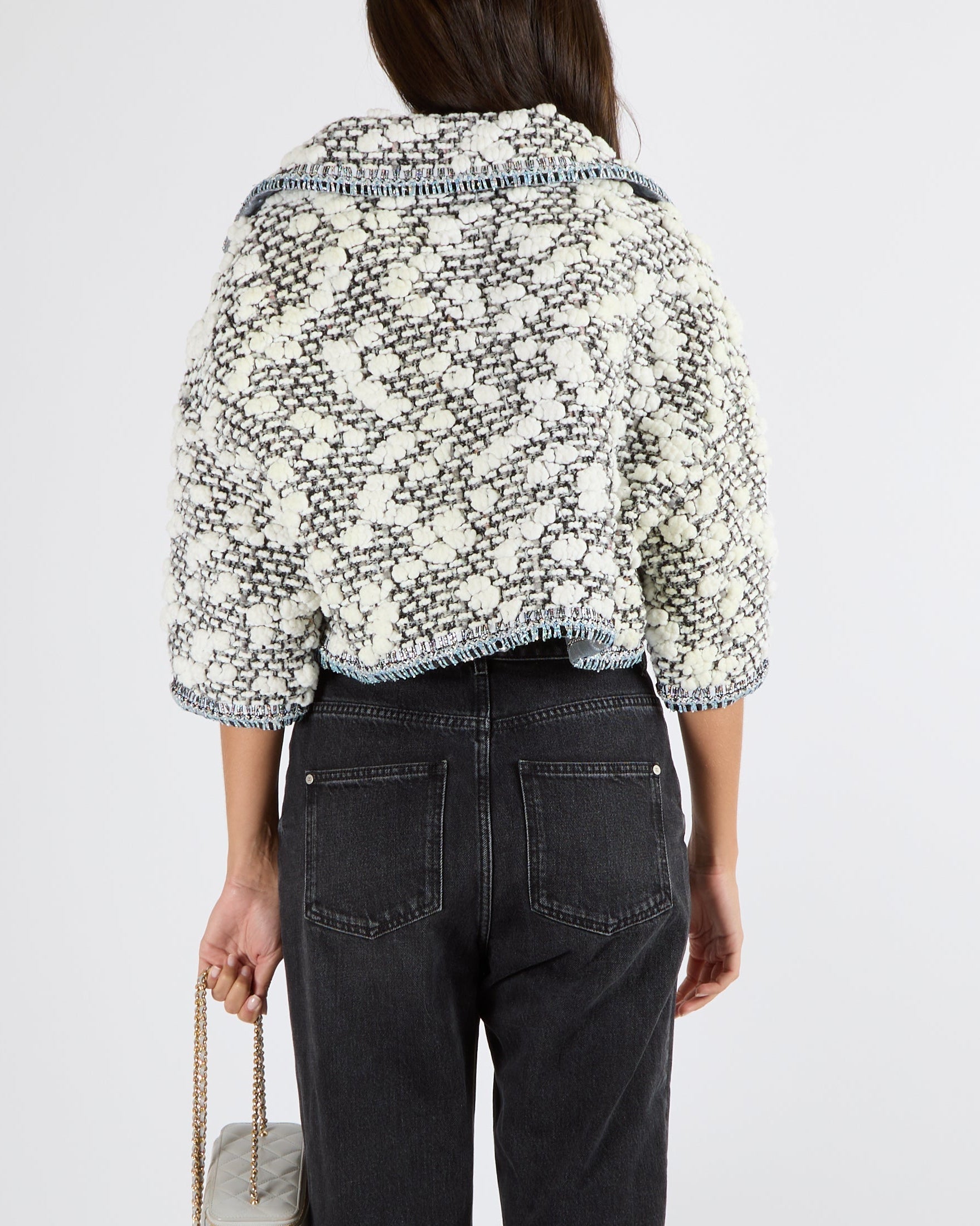 Chanel FW/2014 Grey and White Tweed 3D Cloud Fantasy Cropped Jacket with Silver Holographic Trims and Silver CC Logo Detail Size FR 36 (UK 8)