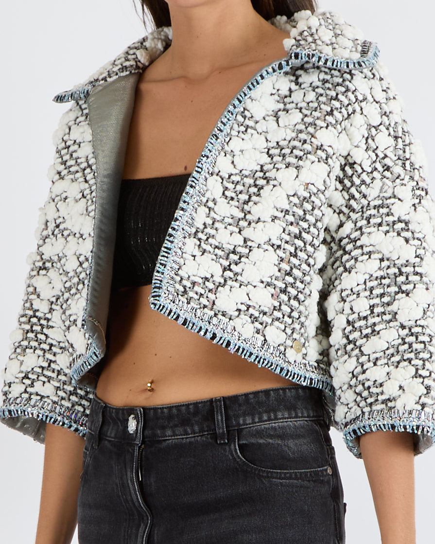 Chanel FW/2014 Grey and White Tweed 3D Cloud Fantasy Cropped Jacket with Silver Holographic Trims and Silver CC Logo Detail Size FR 36 (UK 8)