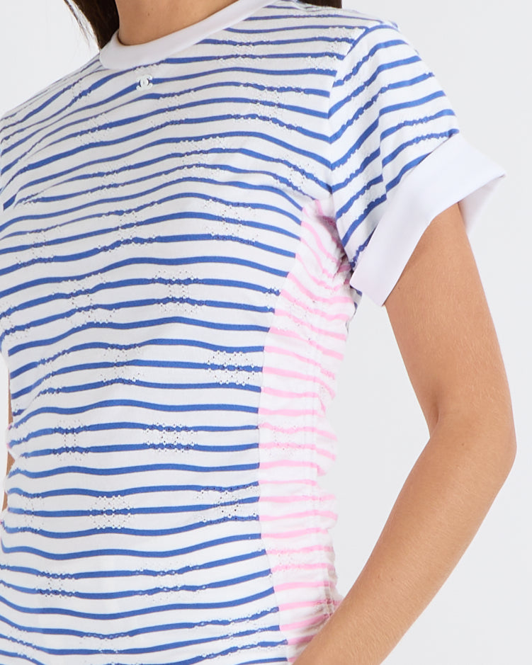 Chanel Blue, White and Pink Striped T-Shirt with Ruched Sides and Perforated CC Logos with White CC Logo Detail Size FR 36 (UK 8)