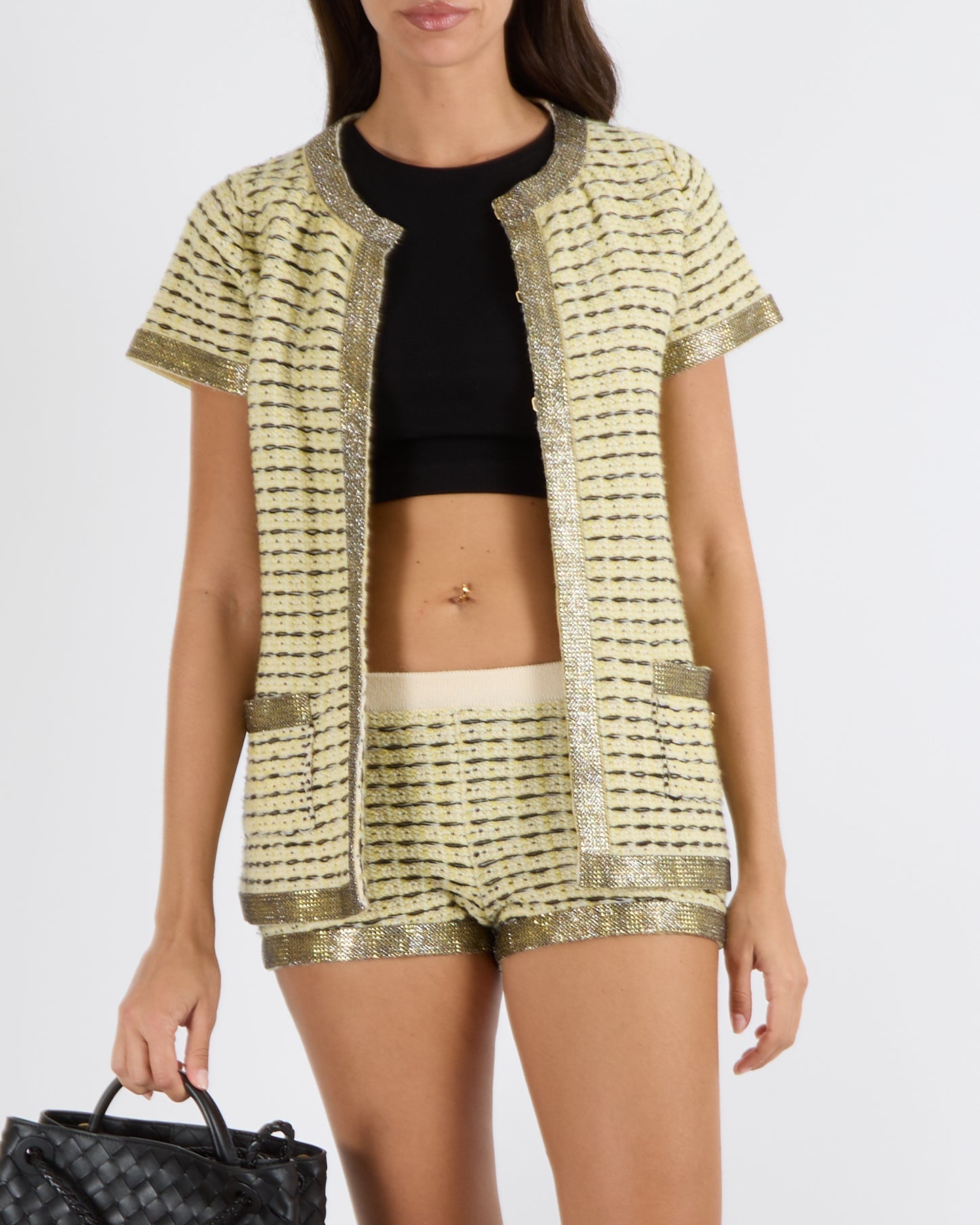 Chanel SS 2011 Yellow and Black Cashmere Knitted Cardigan and Micro Shorts Set with Crystal Embellished Trims and Gold CC Logo Detail with Pearls Size FR 36 (UK 8)