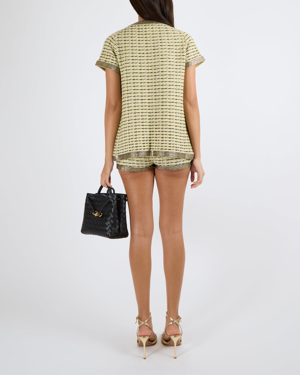 Chanel SS 2011 Yellow and Black Cashmere Knitted Cardigan and Micro Shorts Set with Crystal Embellished Trims and Gold CC Logo Detail with Pearls Size FR 36 (UK 8)