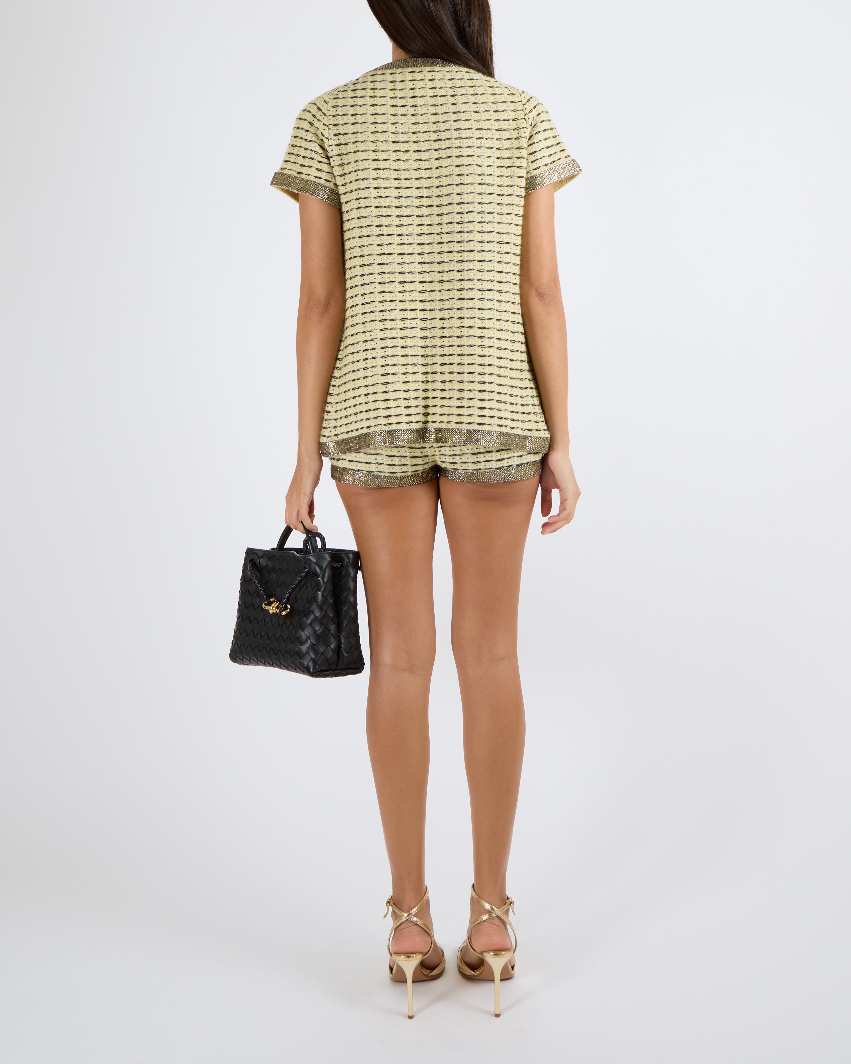 Chanel SS 2011 Yellow and Black Cashmere Knitted Cardigan and Micro Shorts Set with Crystal Embellished Trims and Gold CC Logo Detail with Pearls Size FR 36 (UK 8)